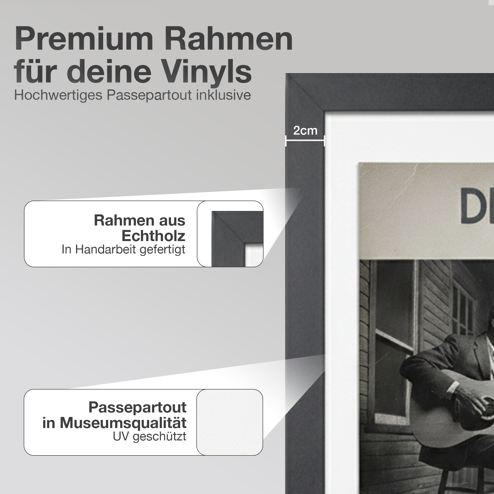 Premium Rahmen für Vinyls mit Passepartout. 2cm Rahmenbreite. Echtholz.