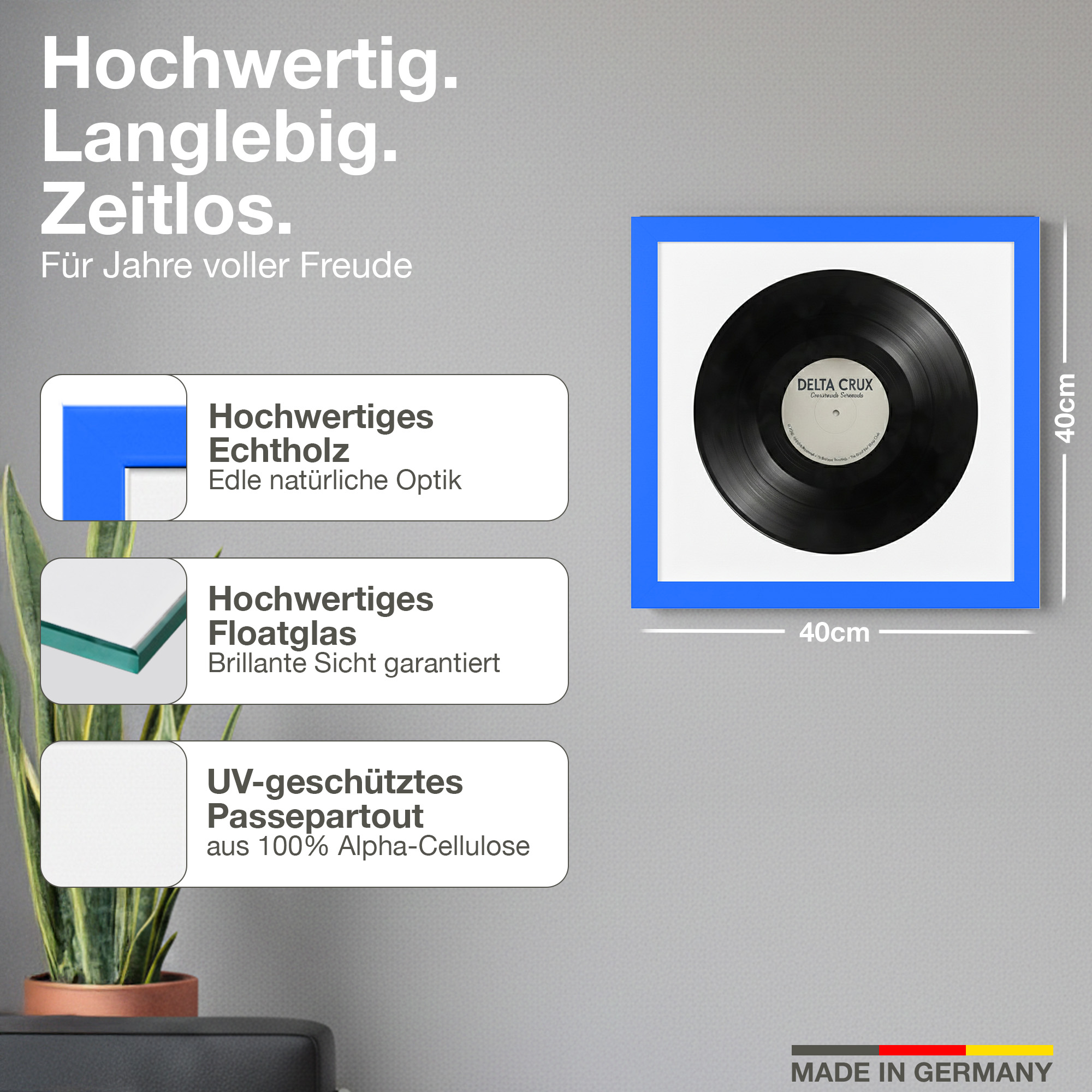 Ein gerahmtes Vinyl-Schallplatte mit den Maßen 40x40cm, Made in Germany.