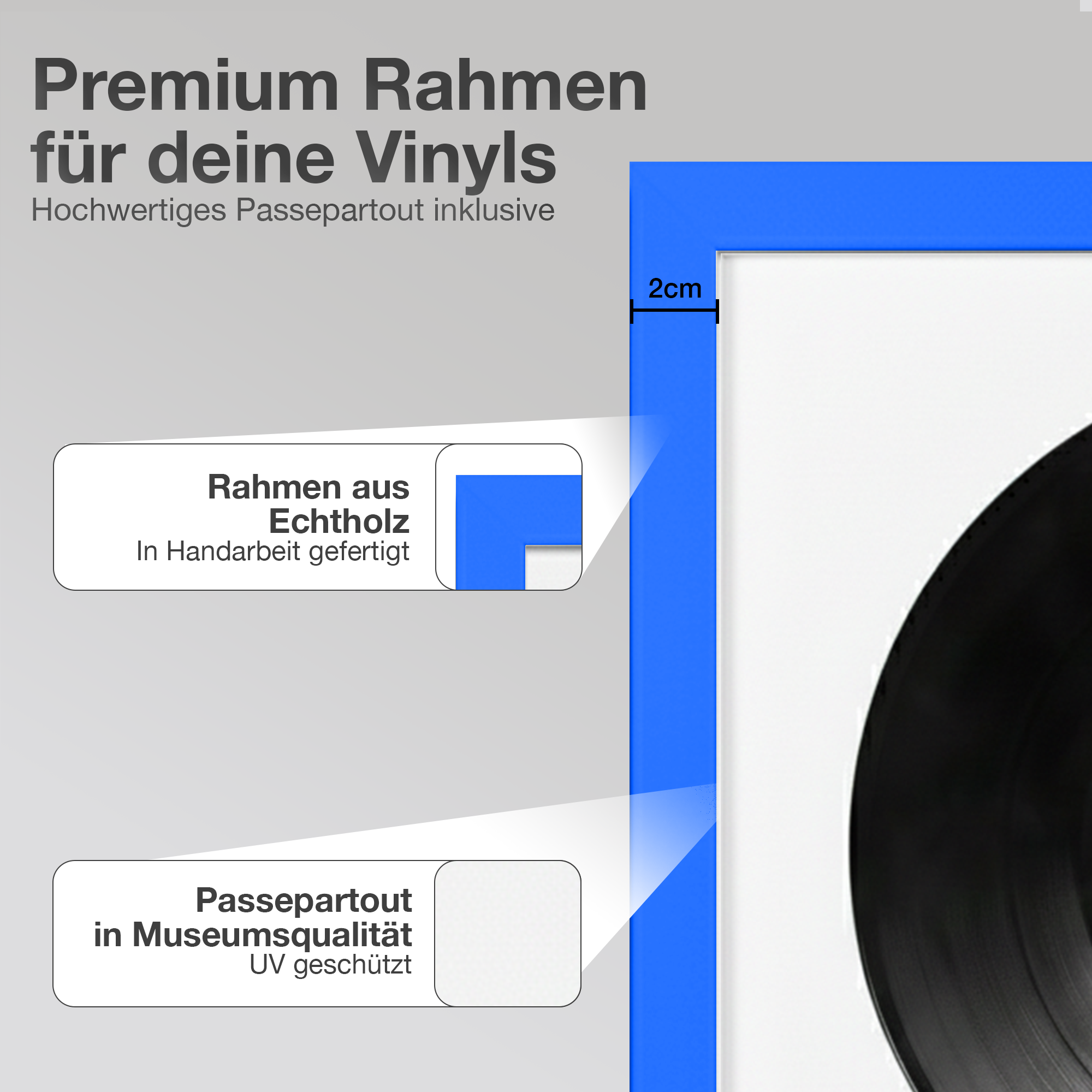 Blauer Vinyl-Rahmen mit Text: Premium Rahmen für deine Vinyls.