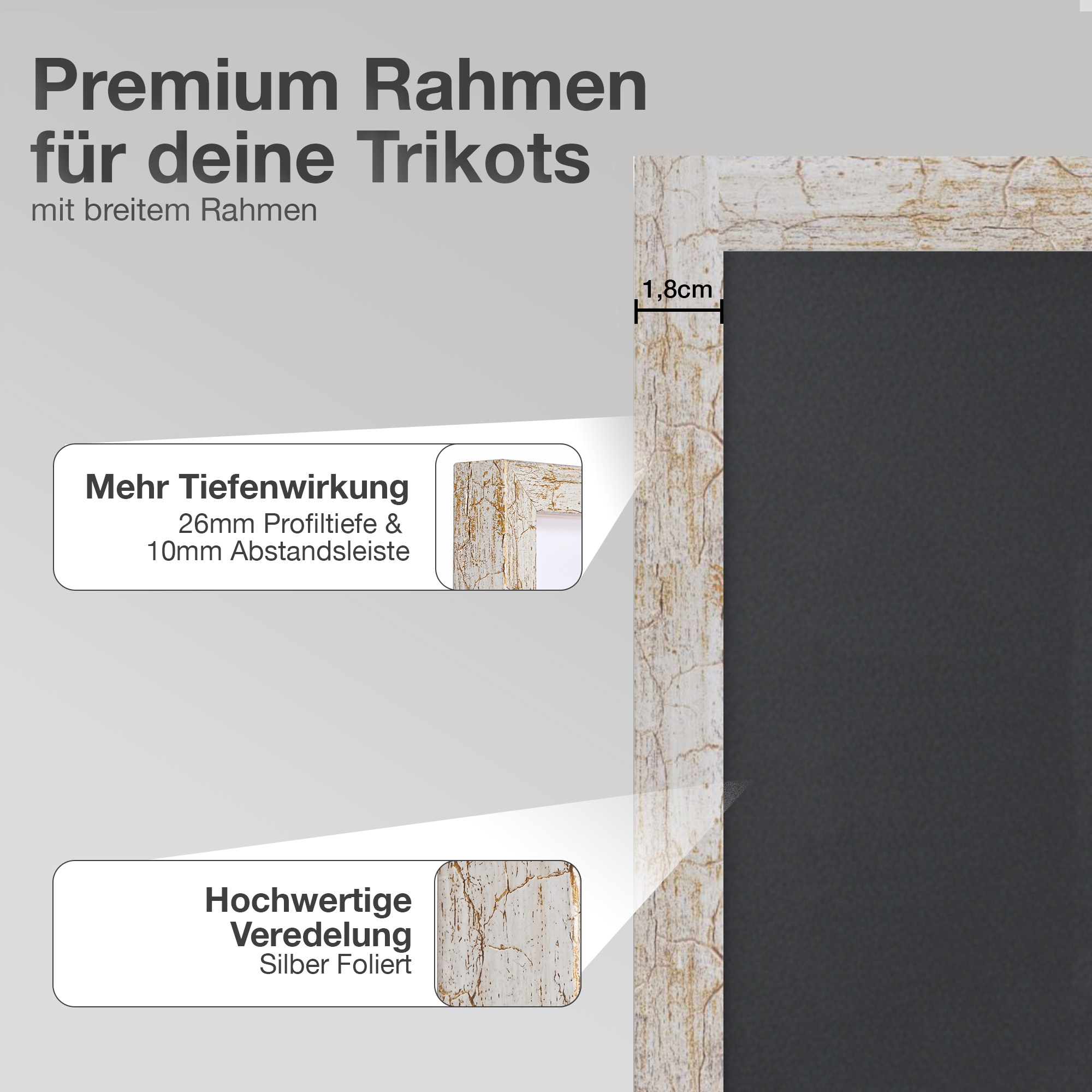 Rahmen mit Text: Premium Rahmen, 1,8cm Breite, Tiefe & Veredelung.