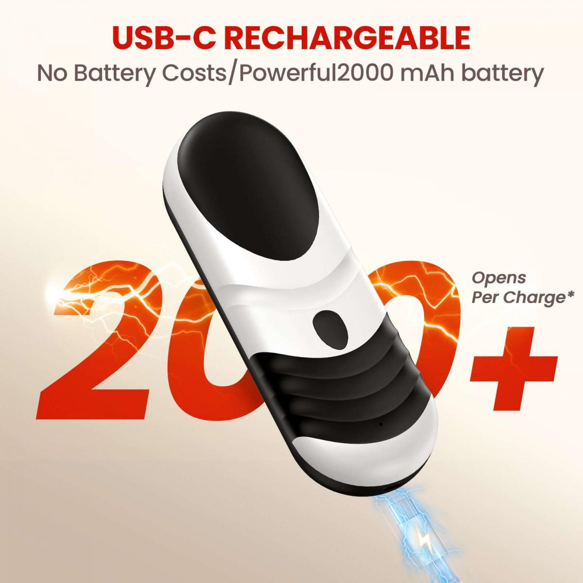 USB-C wiederaufladbares Gerät mit 2000mAh Akku öffnet 200+ Mal pro Ladung.