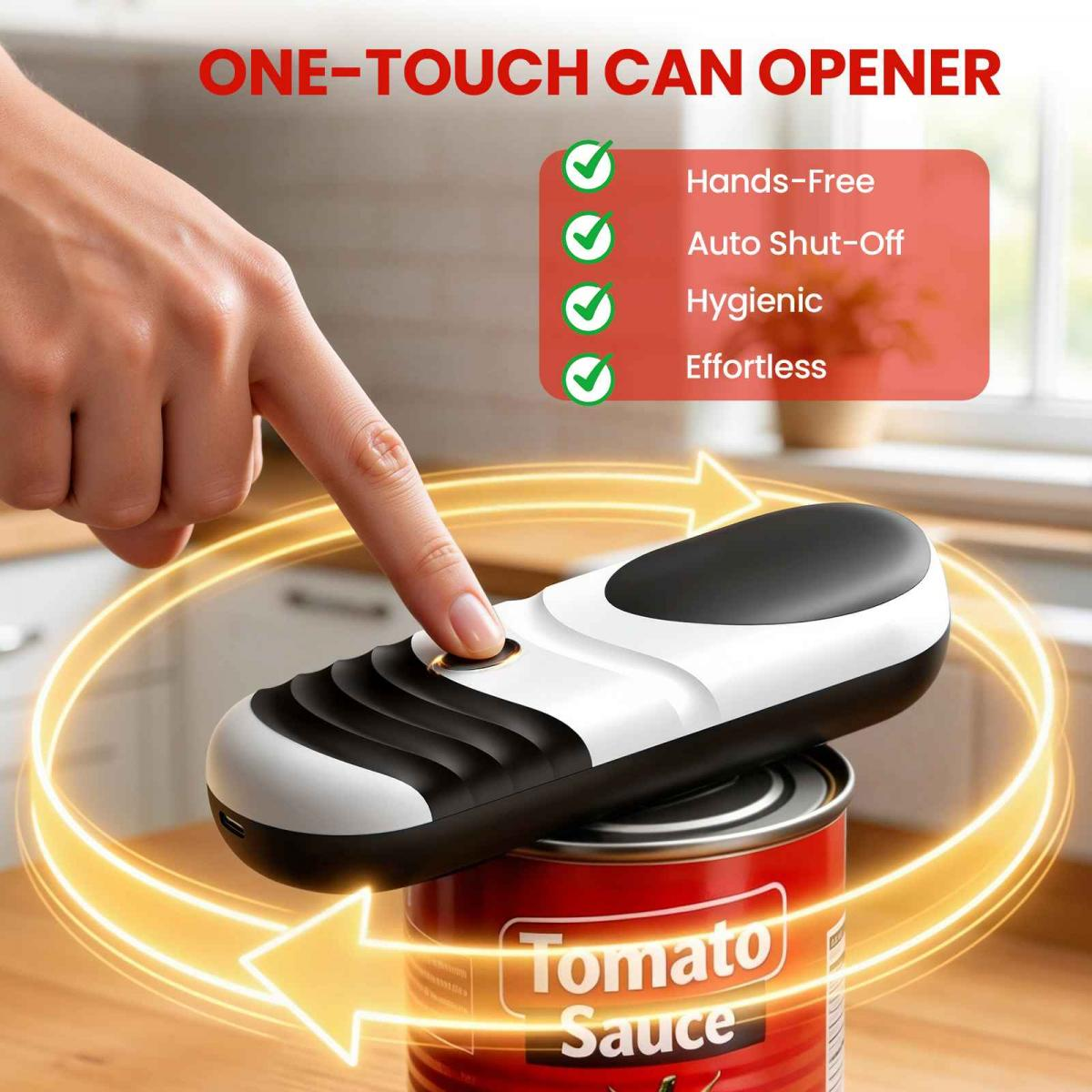 Ein Finger drückt auf einen weißen und schwarzen Dosenöffner, der auf einer Tomatensoßen-Dose sitzt.