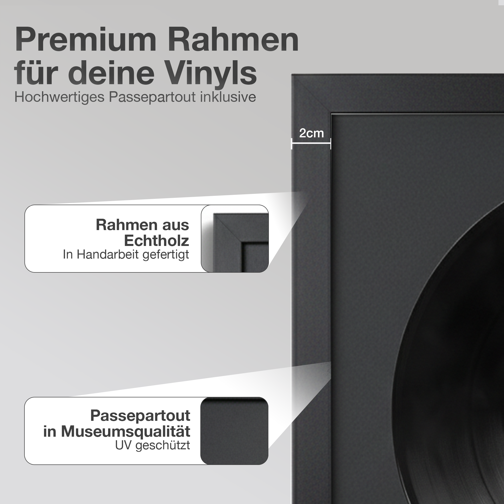 Schwarzer Bilderrahmen für Vinyls mit Details zu Holz und Passepartout.