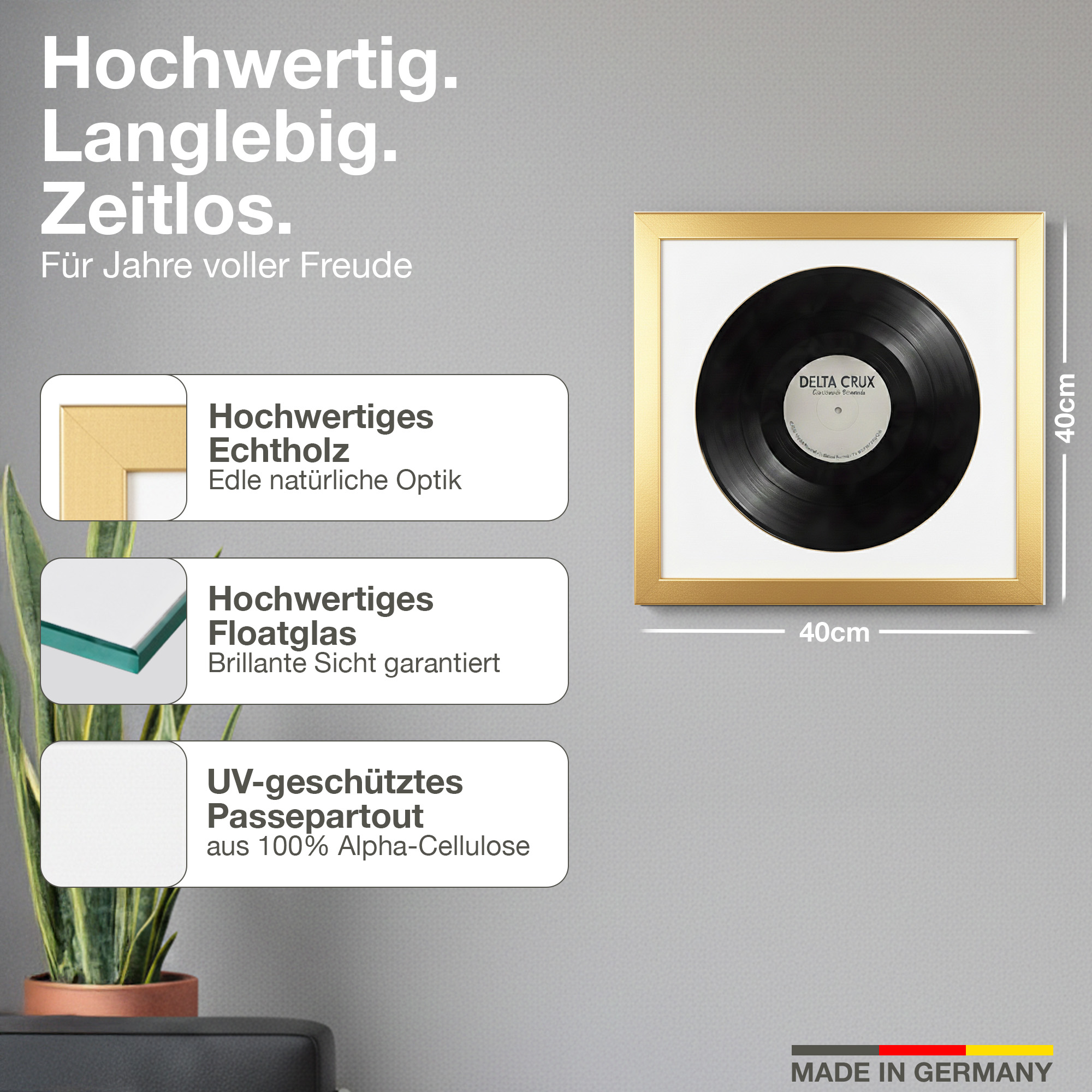 Gerahmte Schallplatte mit goldfarbenem Rahmen, 40x40cm. Mit Text über Materialien.