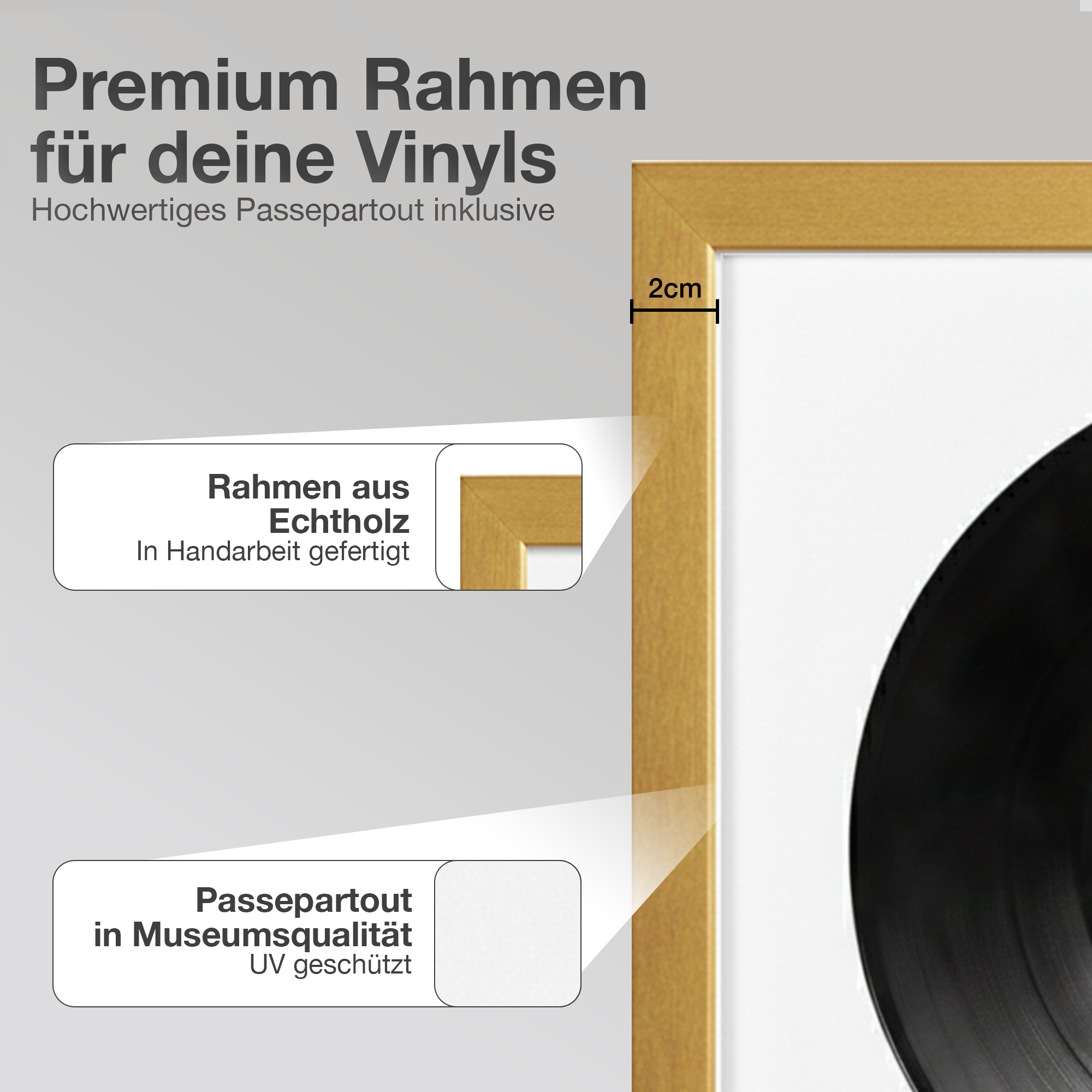 Goldener Bilderrahmen mit Vinyl-Schallplatte und Text über Qualität.