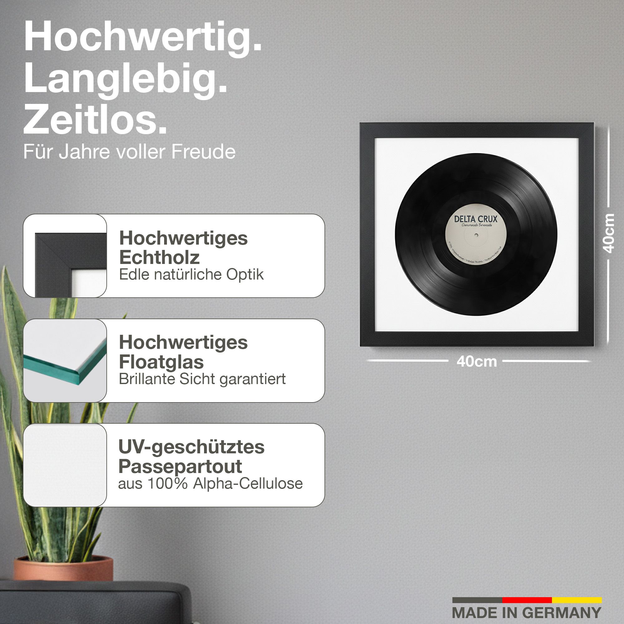 Gerahmte Schallplatte in schwarzem Rahmen, Maße 40x40cm, mit Text.