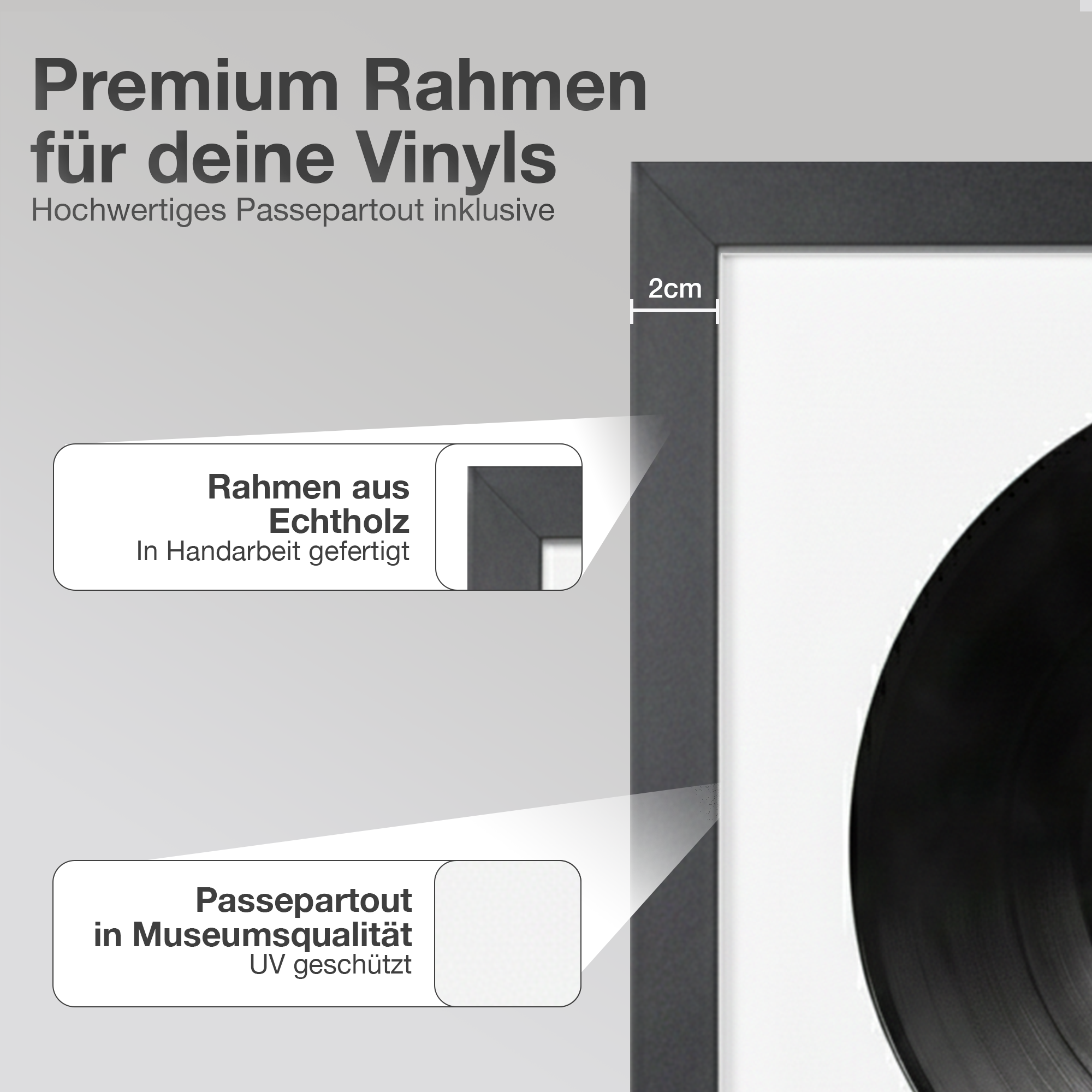 Ein schwarzer Vinyl-Schallplattenrahmen mit Passepartout und Text.