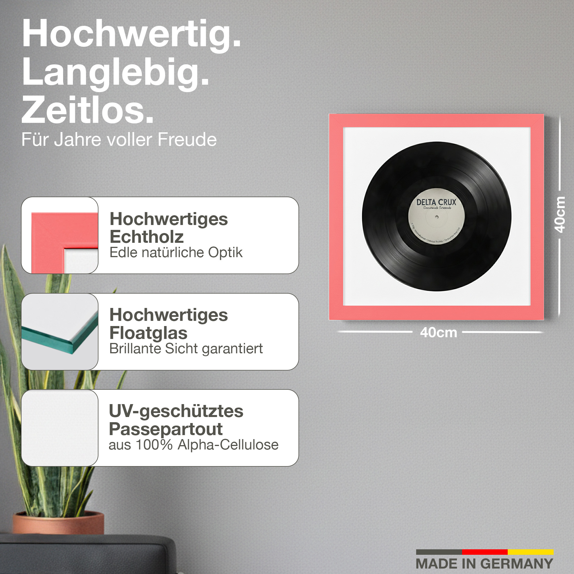 Ein 40x40cm Bilderrahmen mit einem Vinyl-Schallplatte. Hochwertiges Echtholz, Floatglas und UV-Schutz.