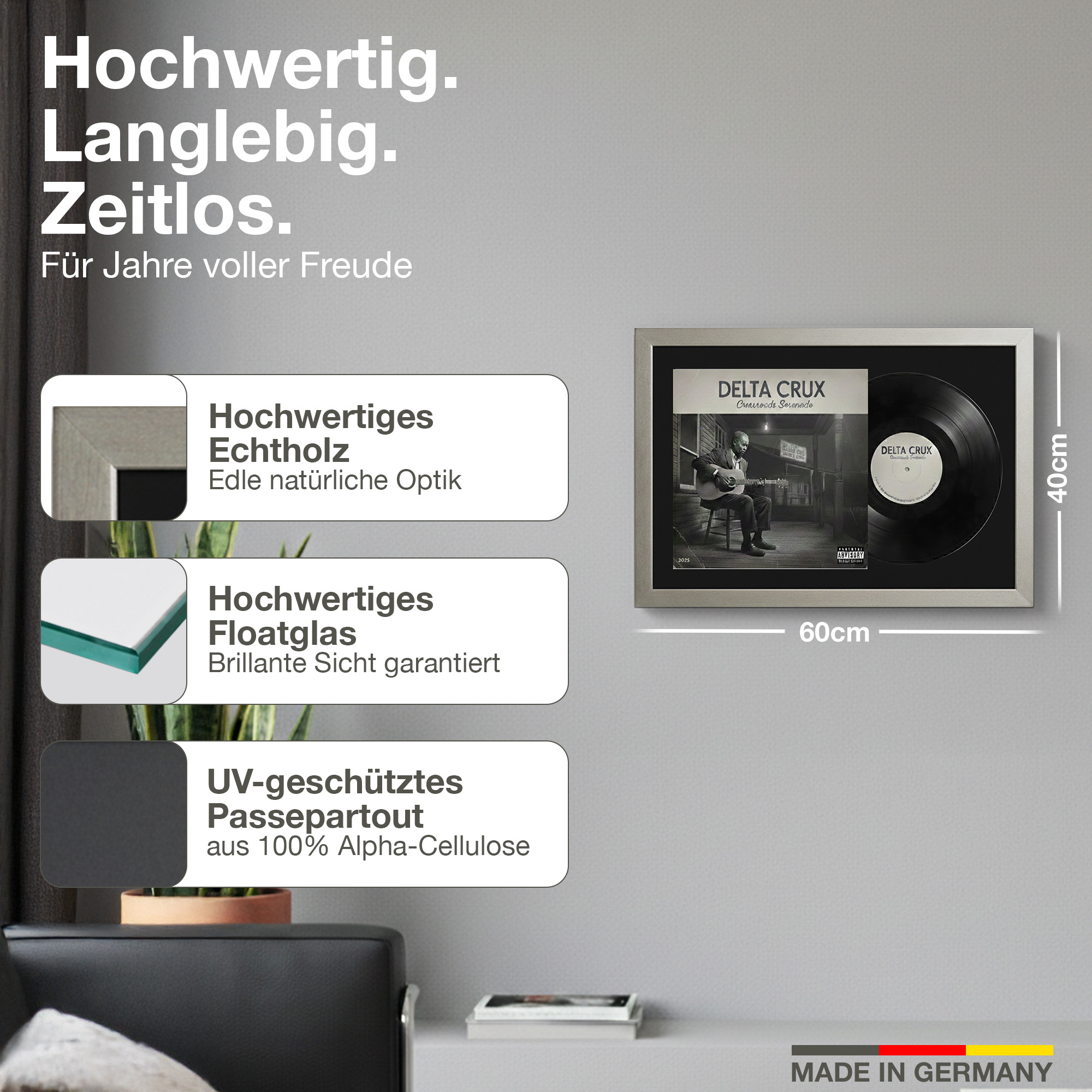Gerahmtes Schallplatten-Cover mit Vinyl. Maße 60x40cm. Made in Germany.