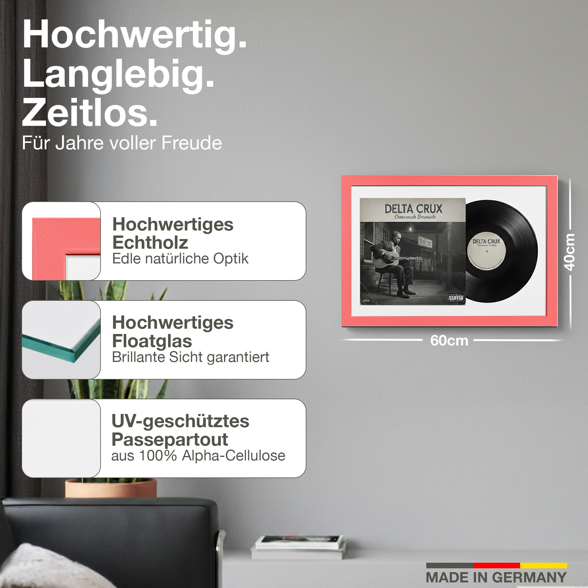 Gerahmte Schallplatte mit Text und Maßen 40x60cm. Made in Germany.