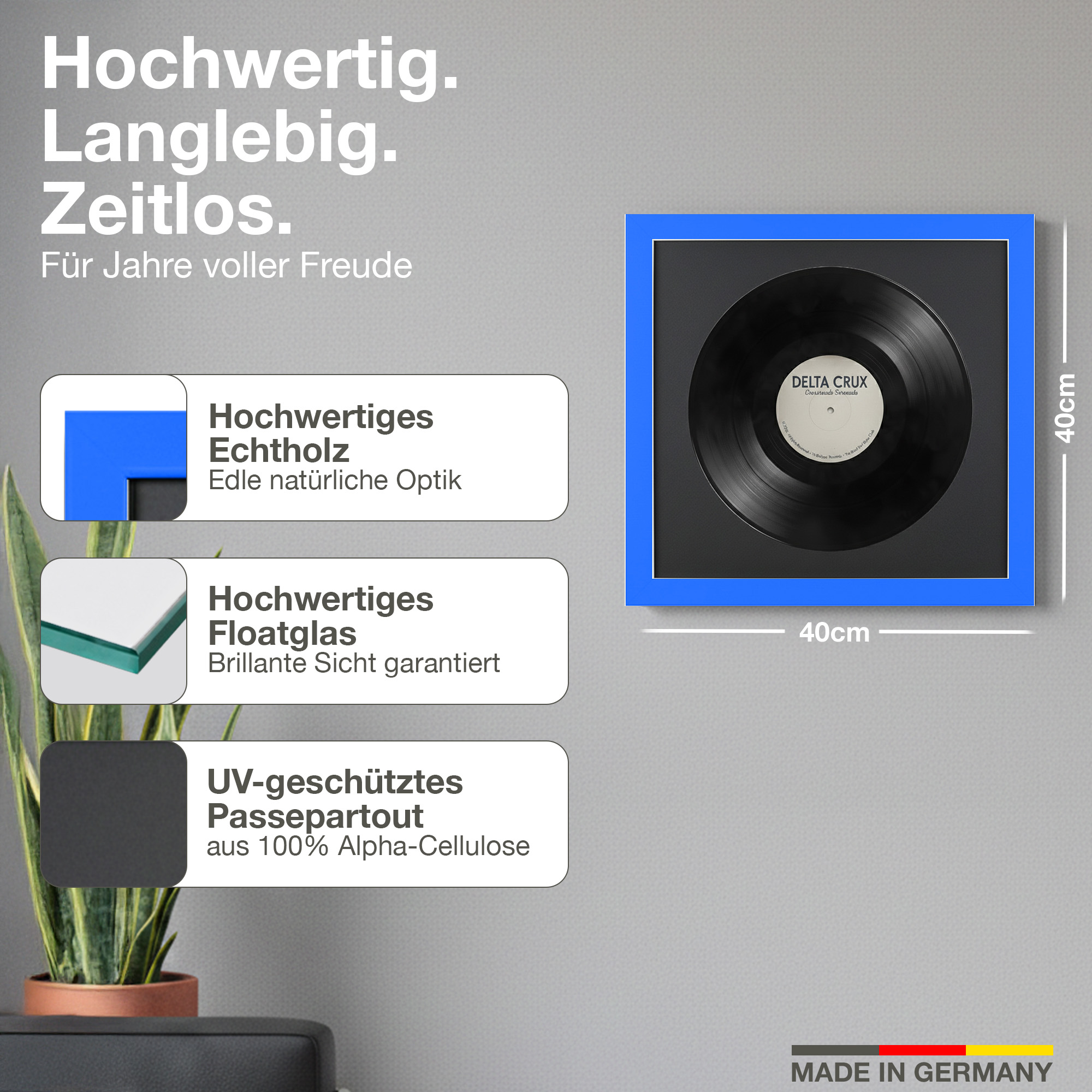 Gerahmte Schallplatte mit deutschen Texten über Qualität und Materialien.