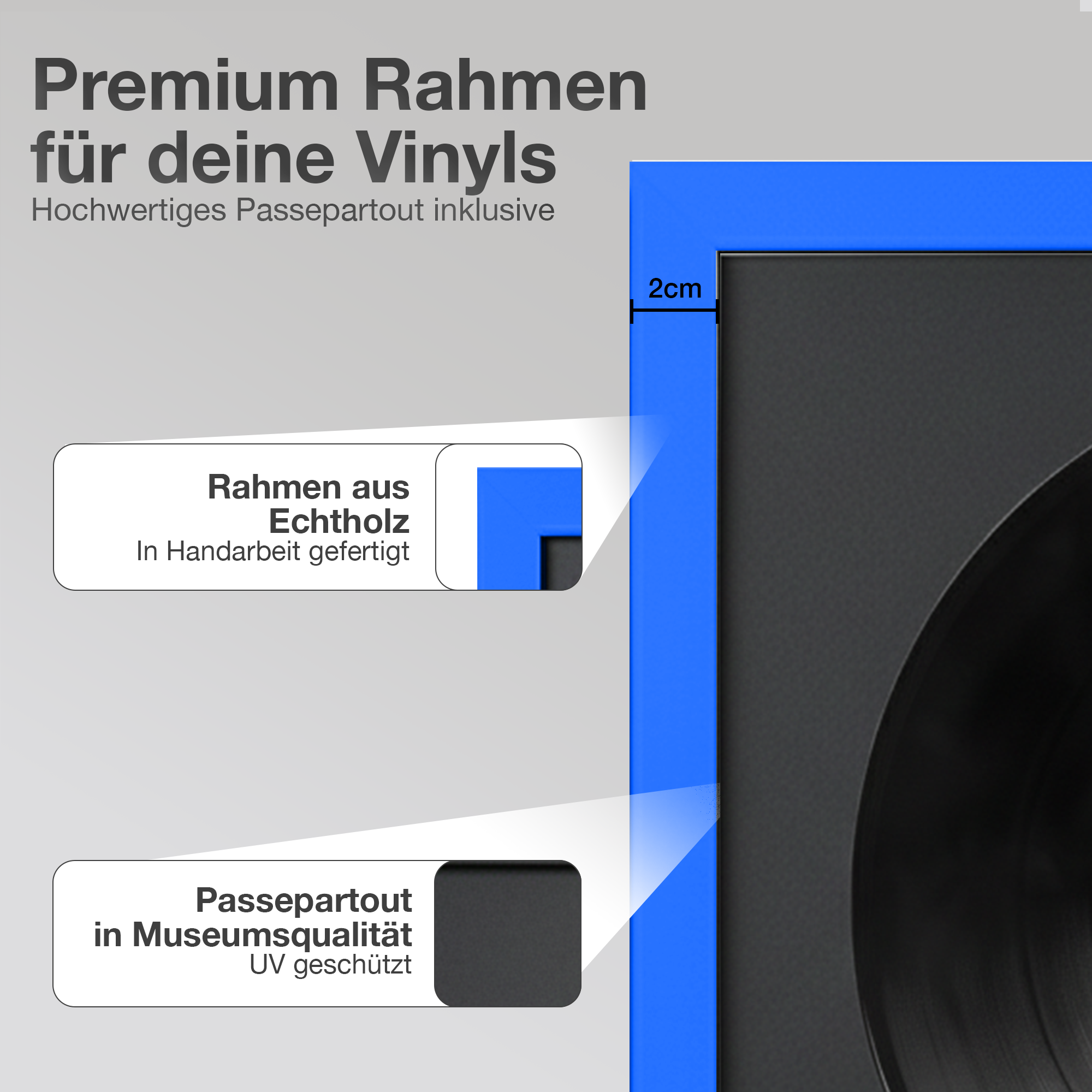 Blauer Rahmen mit schwarzem Passepartout und Vinyl. Details zu Echtholz.