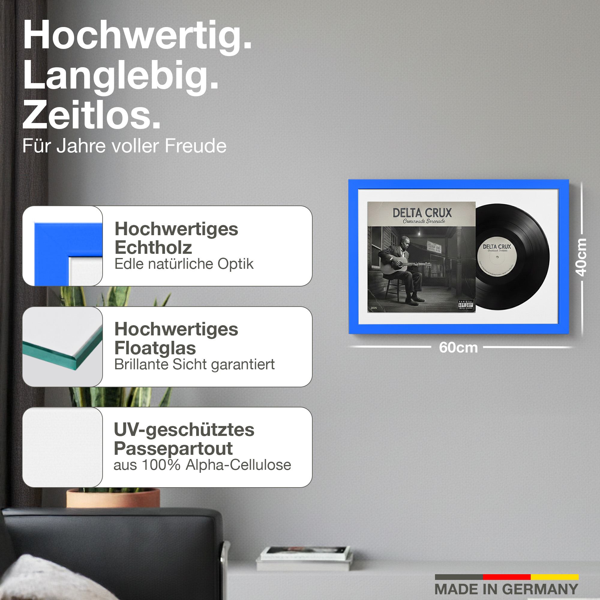 Gerahmte Schallplatte mit Albumcover in blauem Rahmen. Maße 60x40cm.