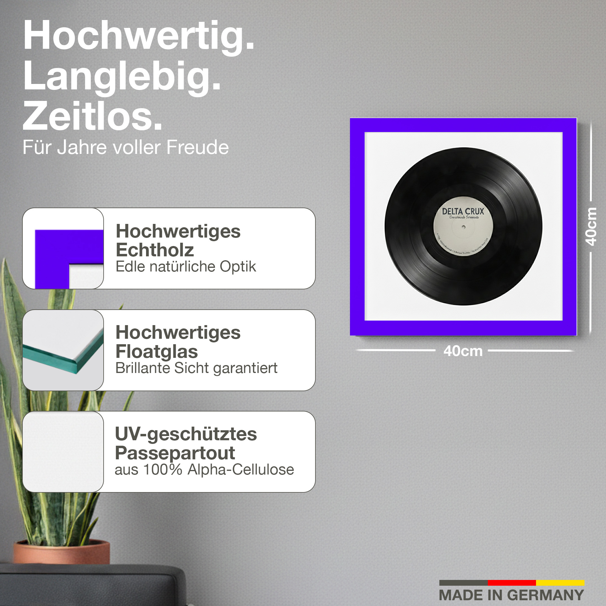 Gerahmte Schallplatte mit Text über Qualität und Materialien. Made in Germany.