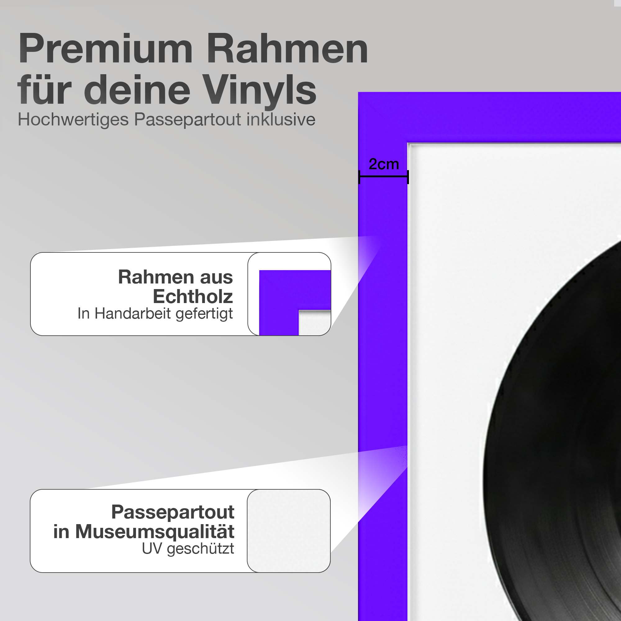 Lila Rahmen mit Vinyl-Schriftzug und Details zu Holzrahmen und Passepartout.