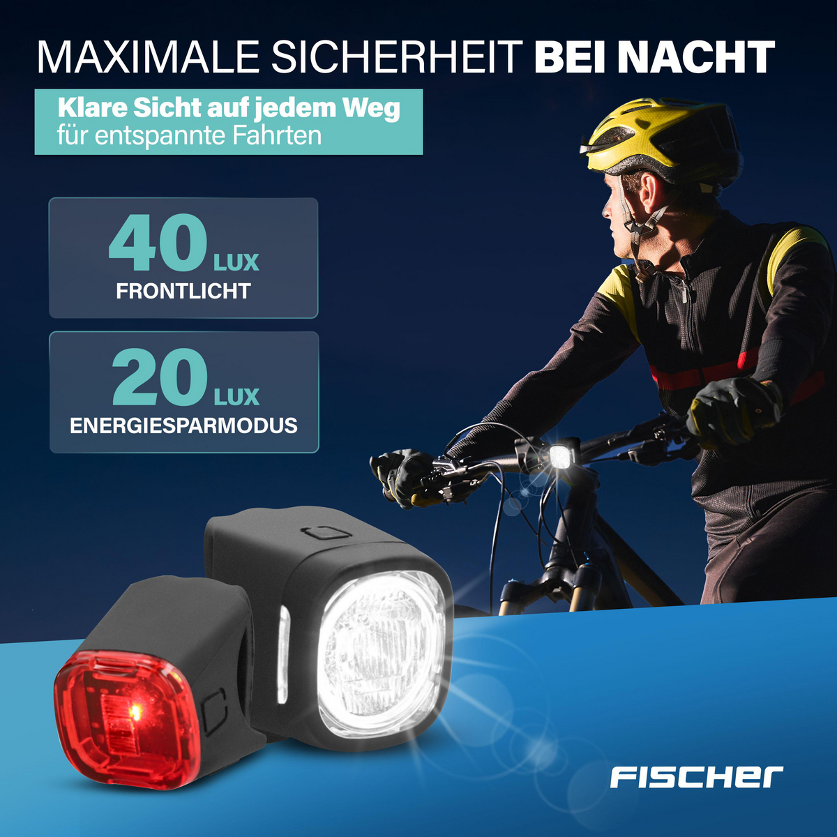 Fahrradlichter: Frontlicht (40 Lux) und Rücklicht (Rot) mit Fischer Logo.
