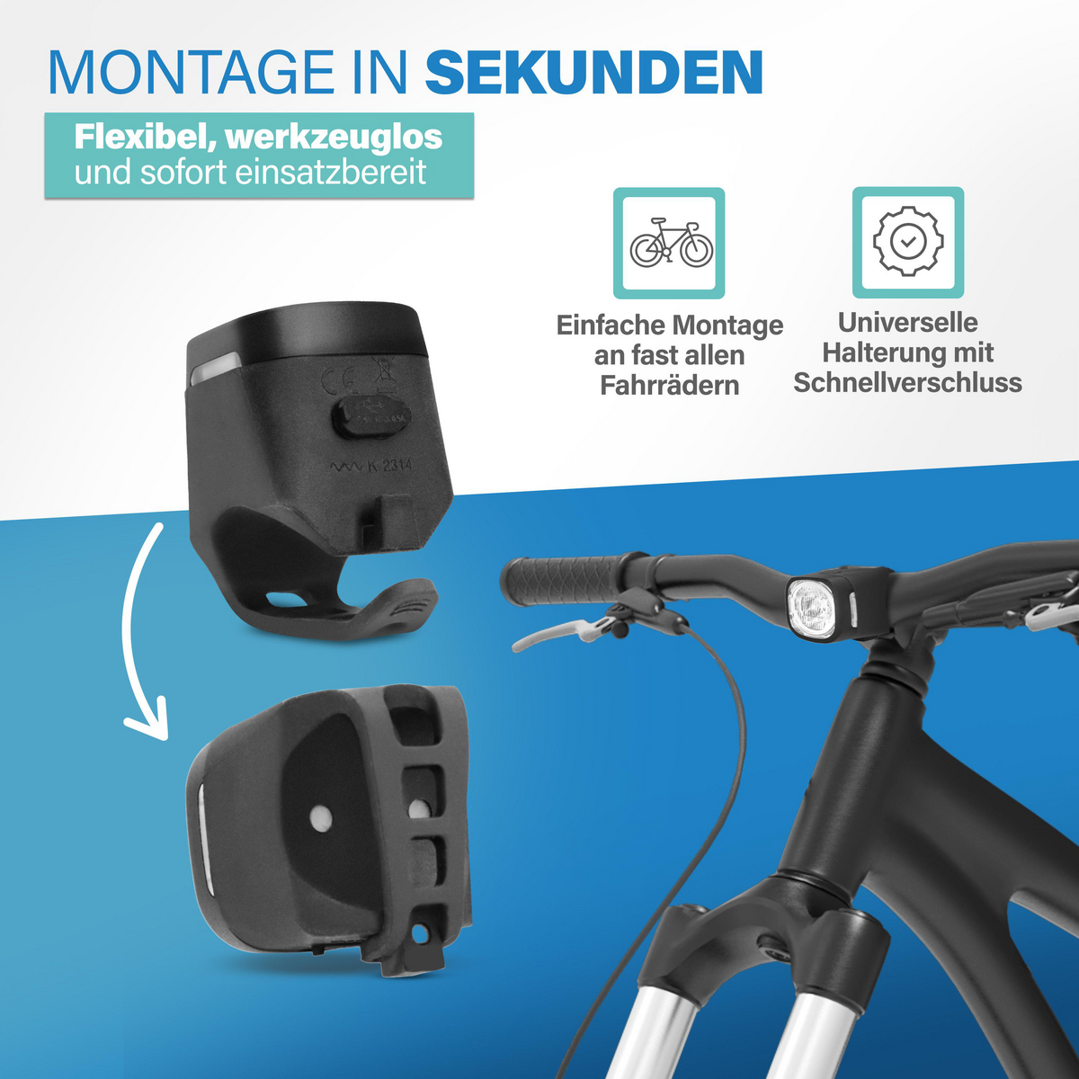 Schwarzer Fahrradscheinwerfer und Halterung. Montage in Sekunden.