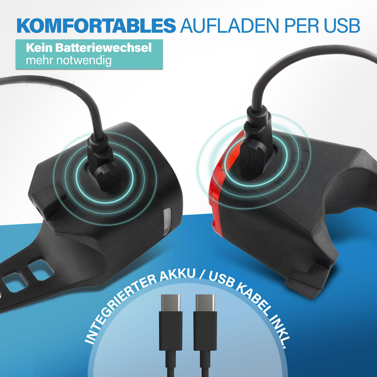 Zwei schwarze USB-Lichter werden per USB aufgeladen. Kein Batteriewechsel.