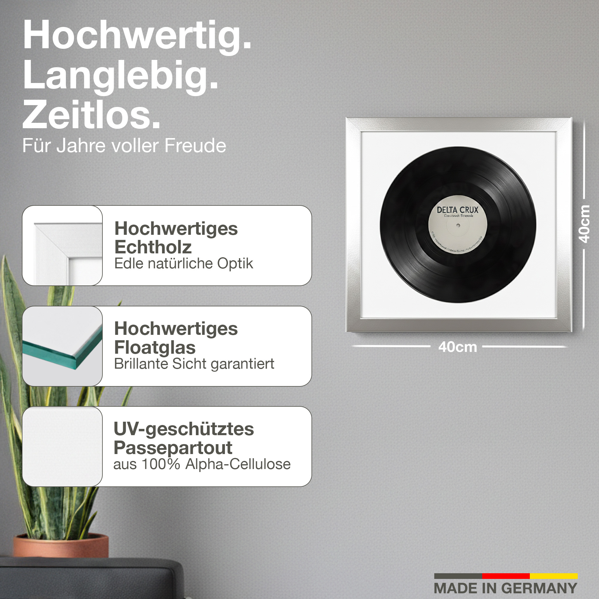 Gerahmte Schallplatte mit deutschen Texten zu Material und Größe.