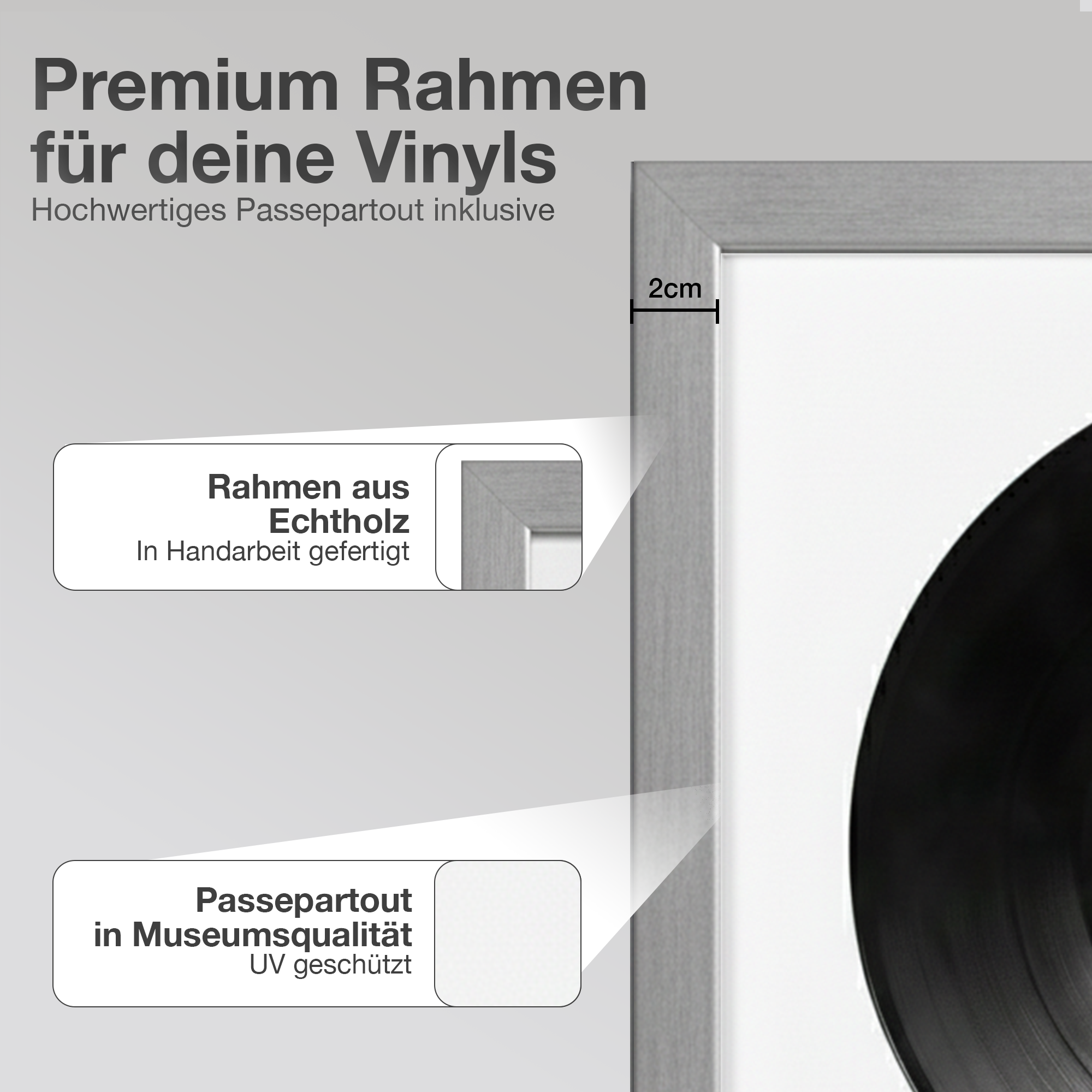 Grauer Rahmen für Vinyls mit Text: Premium Rahmen, Echt Holz, Passepartout.