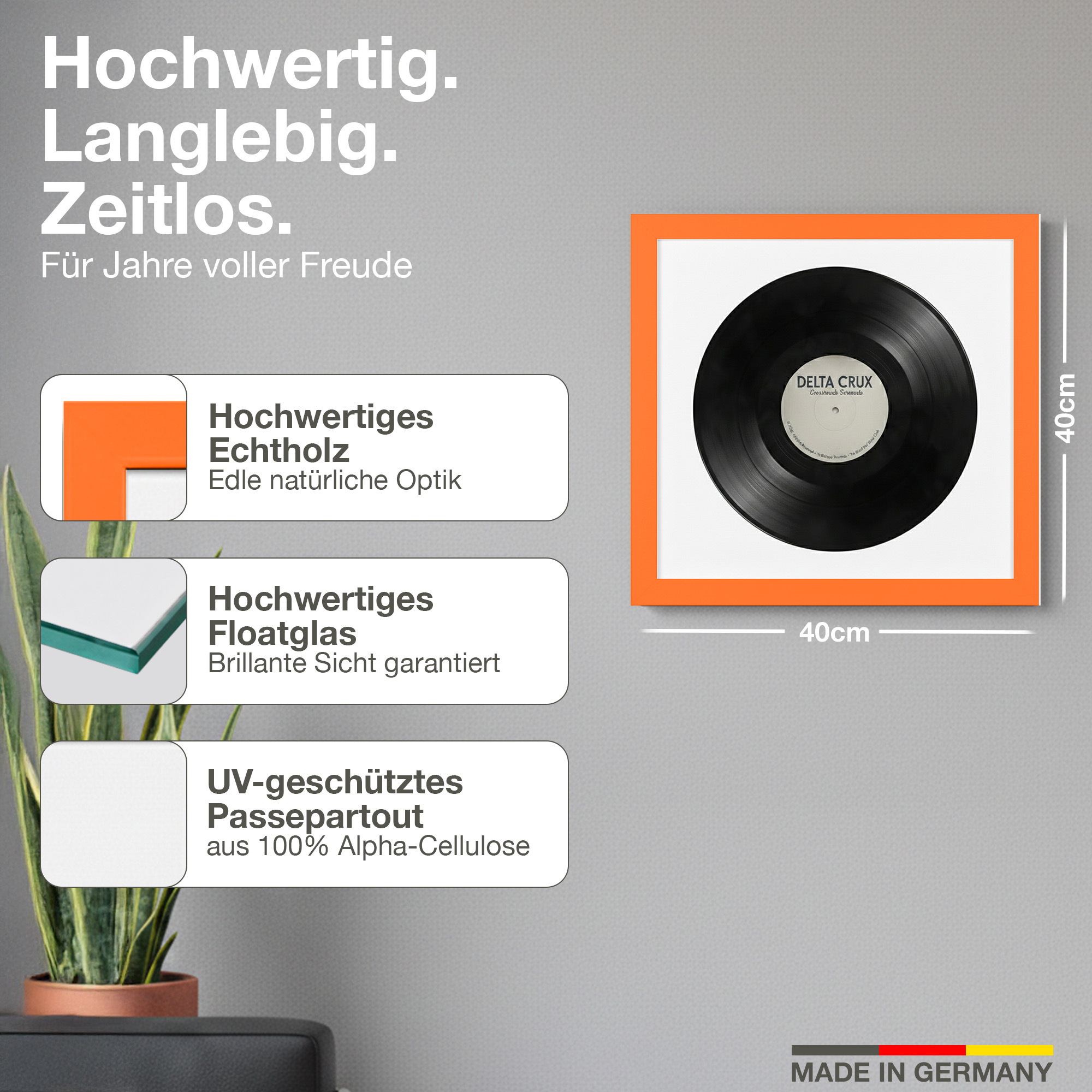 Gerahmte Schallplatte mit Text auf Deutsch. Hochwertige Materialien erwähnt.