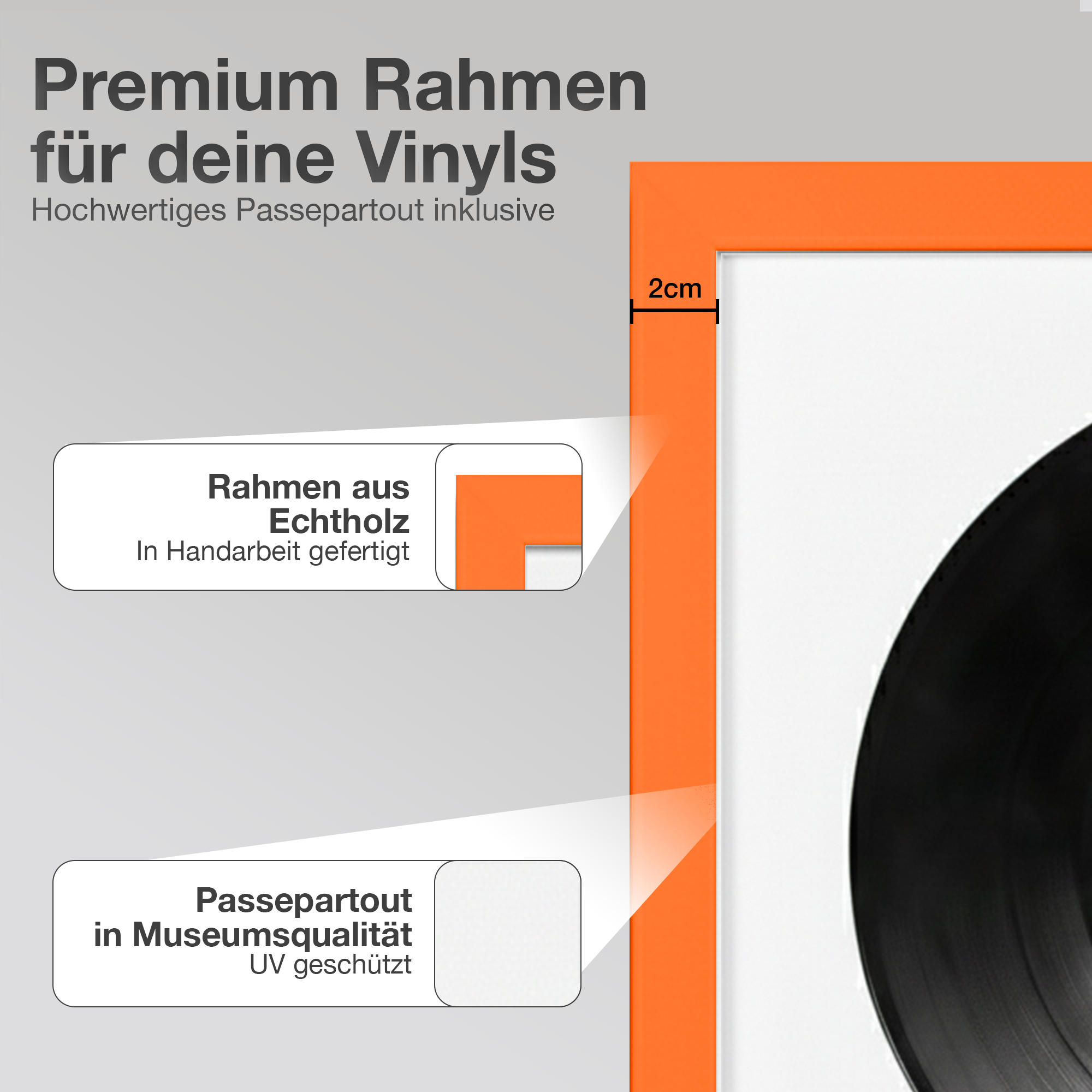 Oranger Rahmen für Schallplatten. Merkmale: Rahmen aus Echtholz, Passepartout in Museumsqualität.