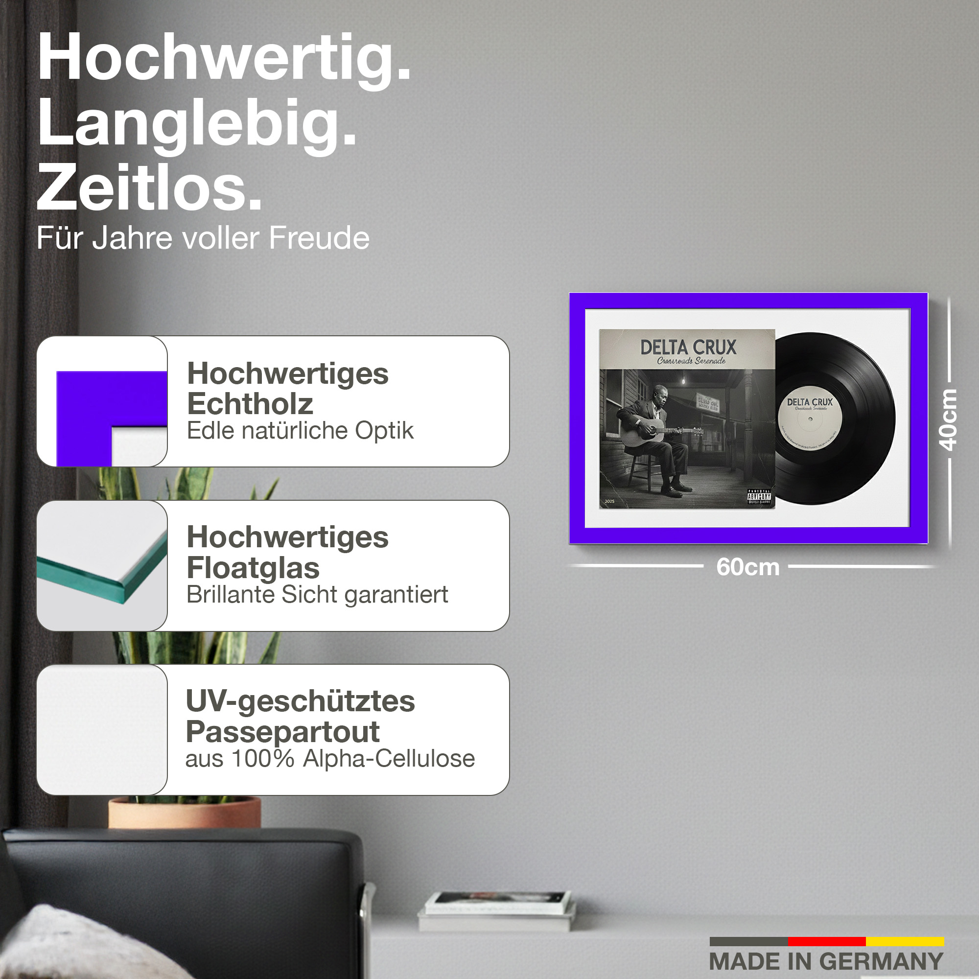 Gerahmte Schallplatte von Delta Crux mit lila Rahmen, Maße 60x40cm.