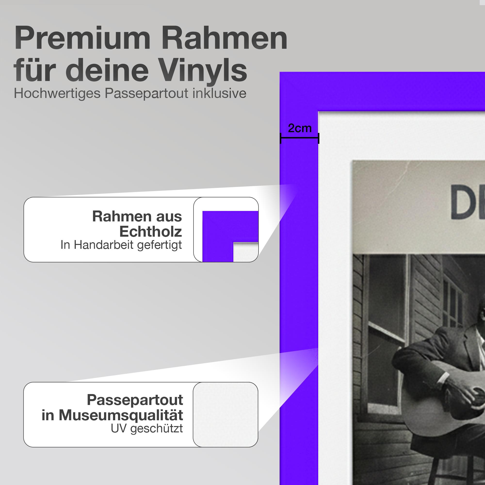 Lila Rahmen mit Text über Vinyl-Rahmen und eine Nahaufnahme eines Mannes mit Gitarre.