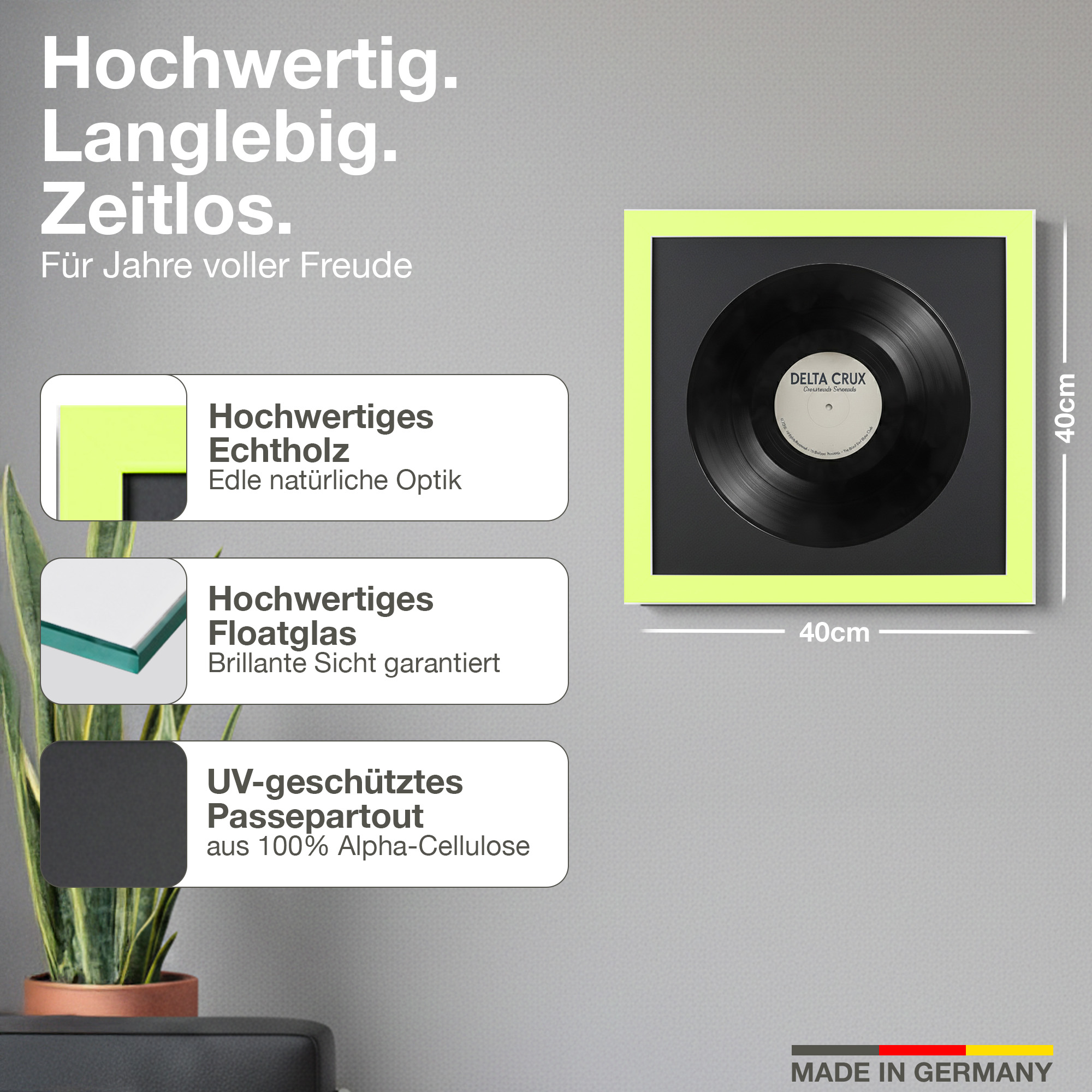 Gerahmte Schallplatte mit Text-Highlights zu Holz, Glas und Passepartout.