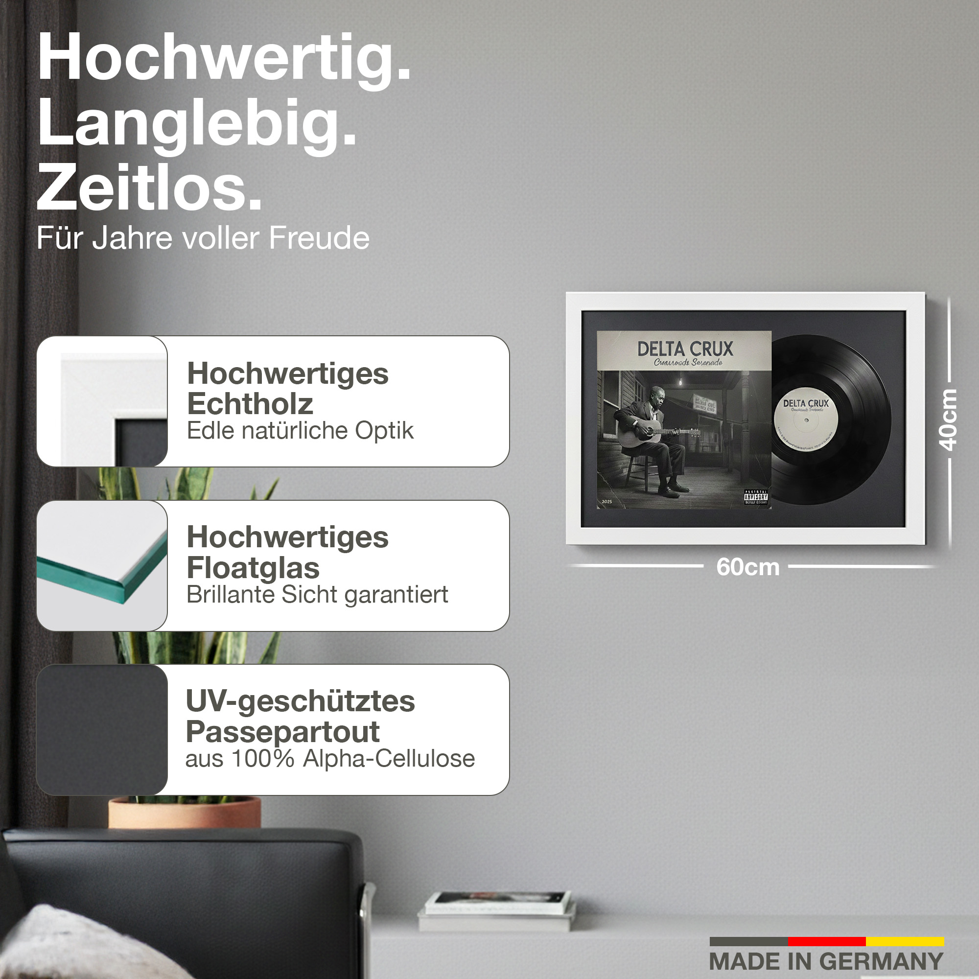 Gerahmtes Vinyl-Album mit Maßen von 60x40cm, Made in Germany.
