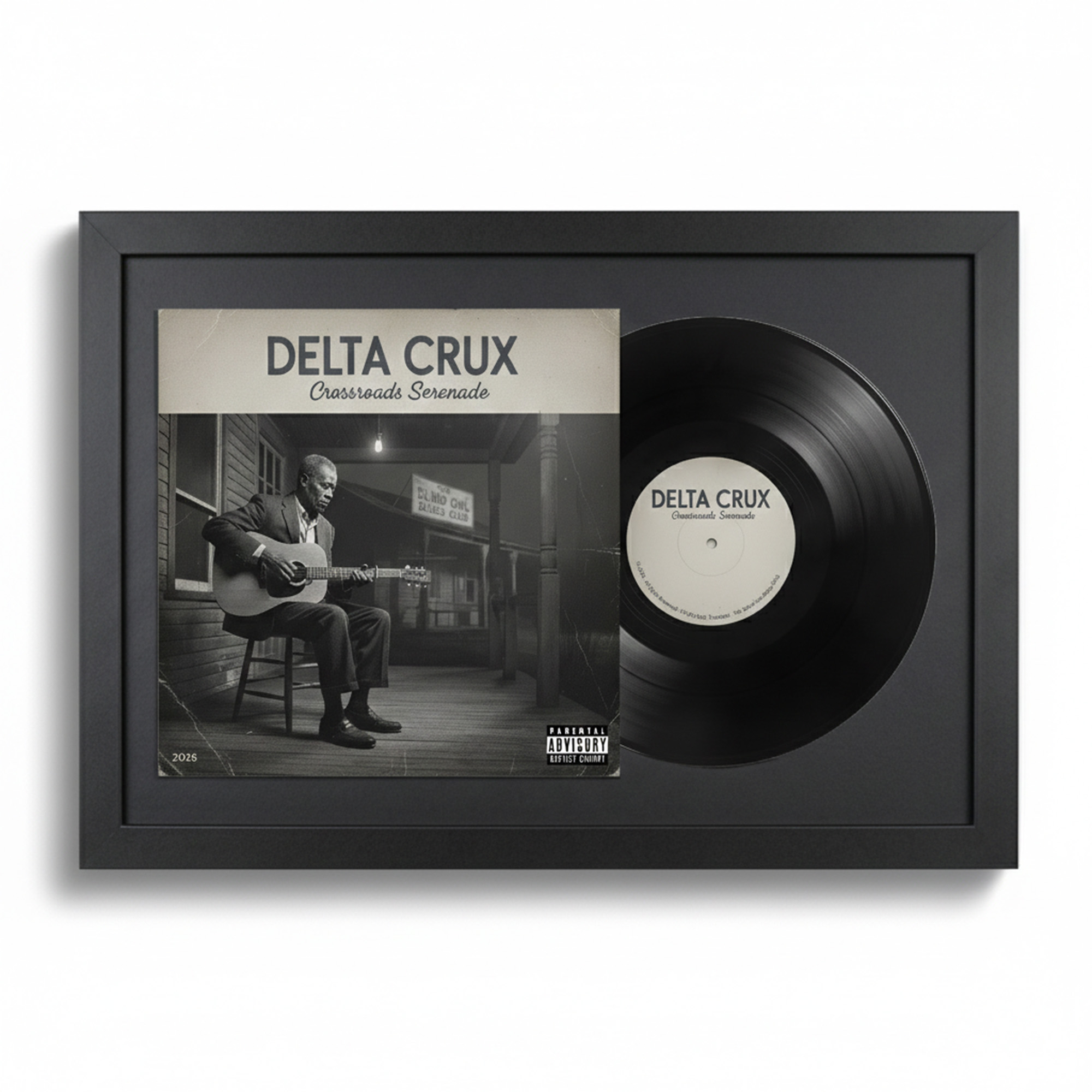 Gerahmtes Vinyl von Delta Crux mit einem Mann, der Gitarre spielt.