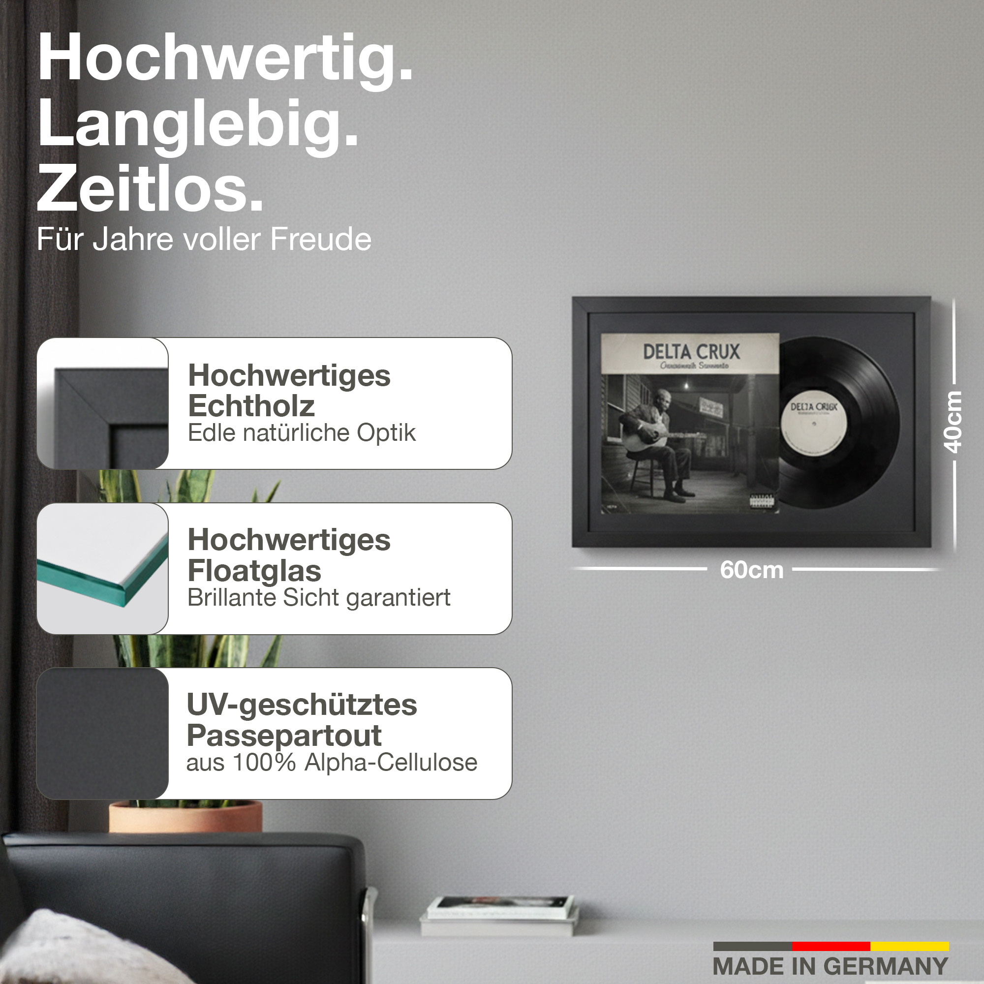 Gerahmtes Schallplatten-Cover und Vinyl auf grauem Hintergrund. Maße 60x40cm.
