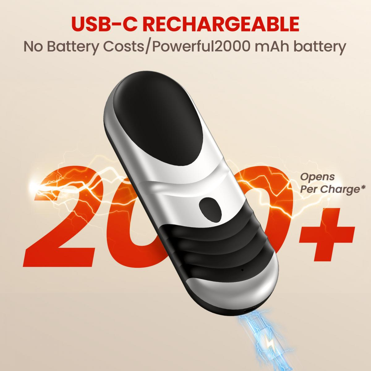 Wiederaufladbares USB-C-Gerät mit 2000 mAh Akku. Öffnet 200+ pro Ladung.