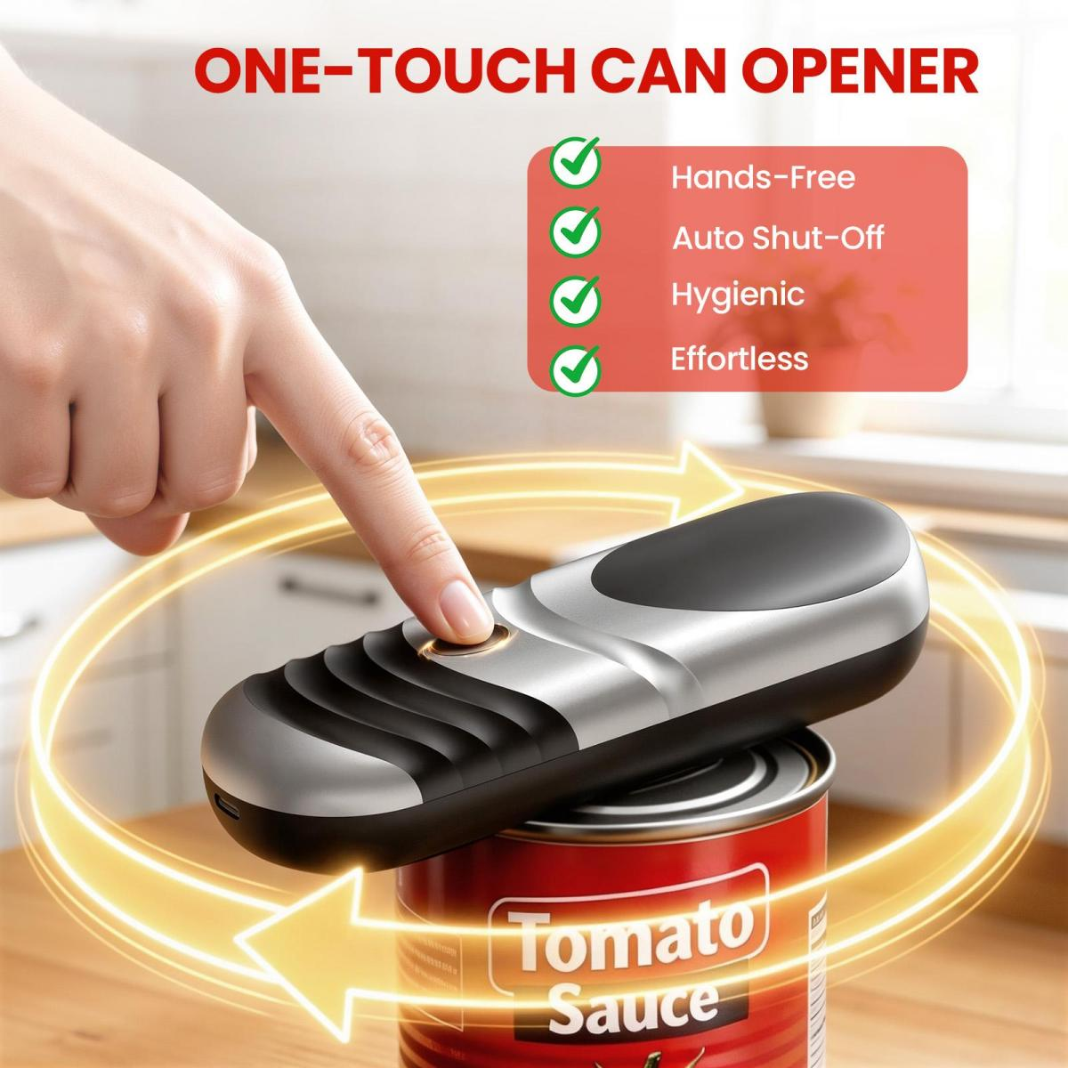 Ein Finger drückt auf einen silbernen elektrischen Dosenöffner auf einer Tomatensoßen-Dose.