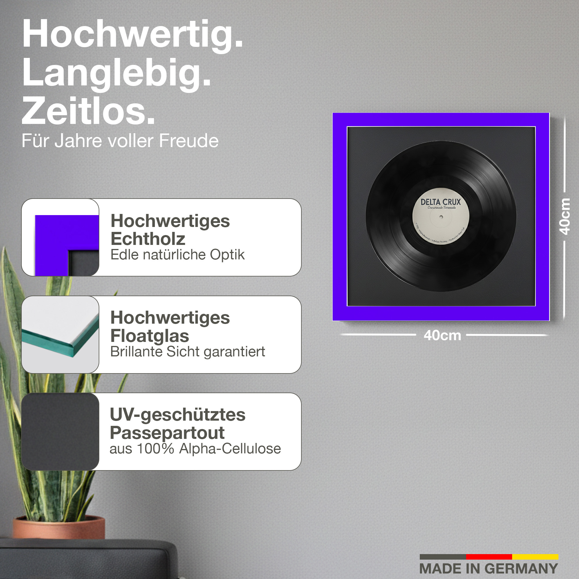 Ein 40x40cm Rahmen mit Vinylplatte, Made in Germany.