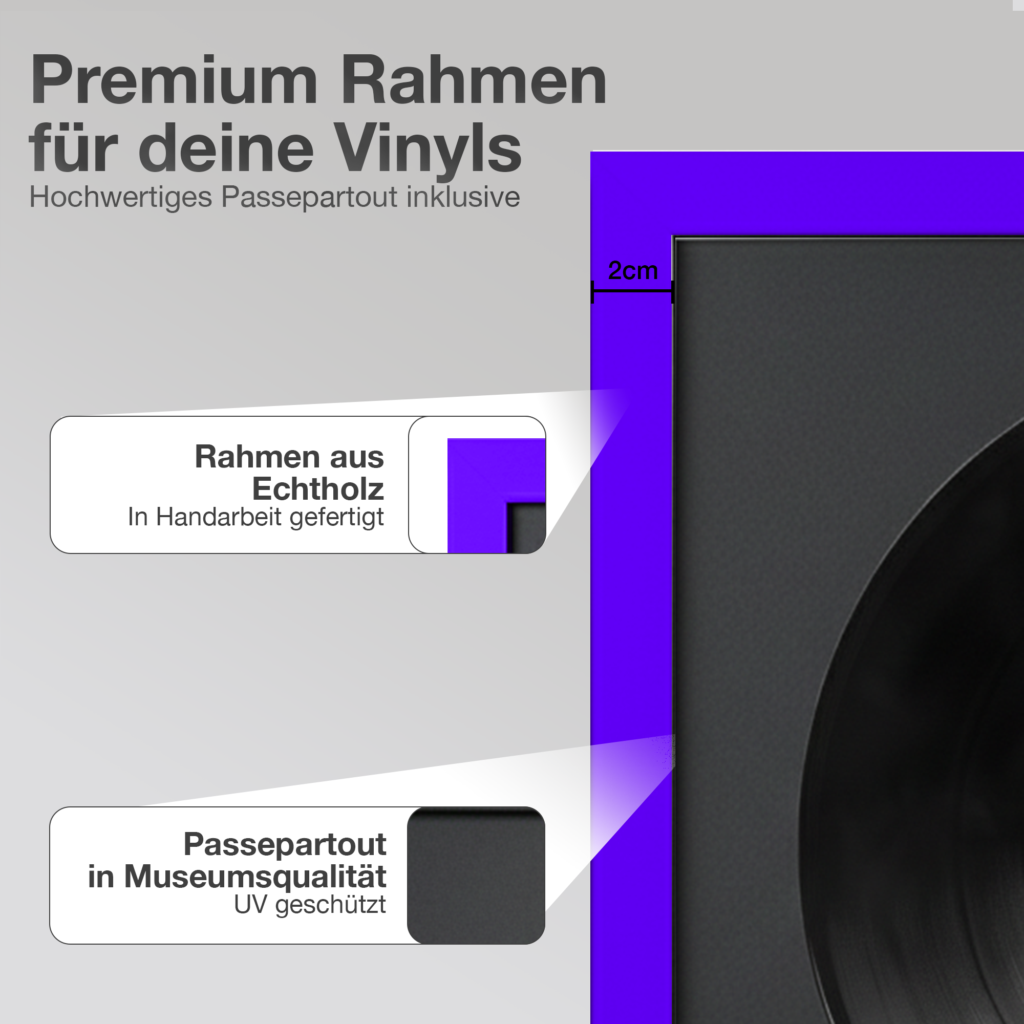 Ein violetter Rahmen zeigt eine Vinylplatte und Text über Holz und Passepartout.