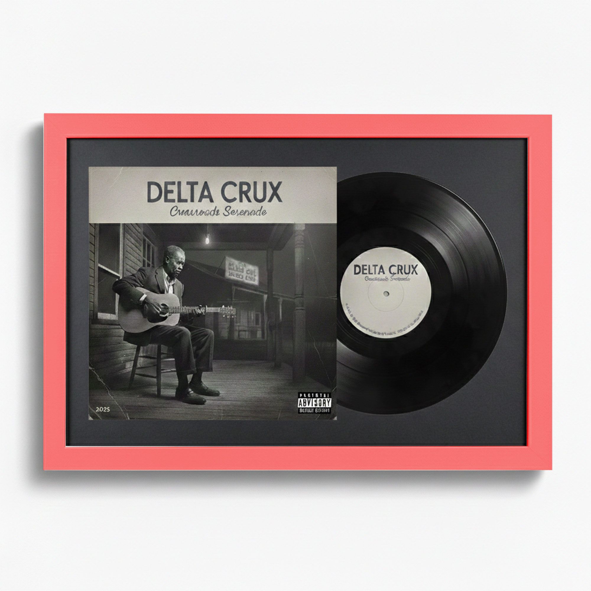 Gerahmtes Vinyl-Albumcover mit einem Mann, der Gitarre spielt, und einer Schallplatte.