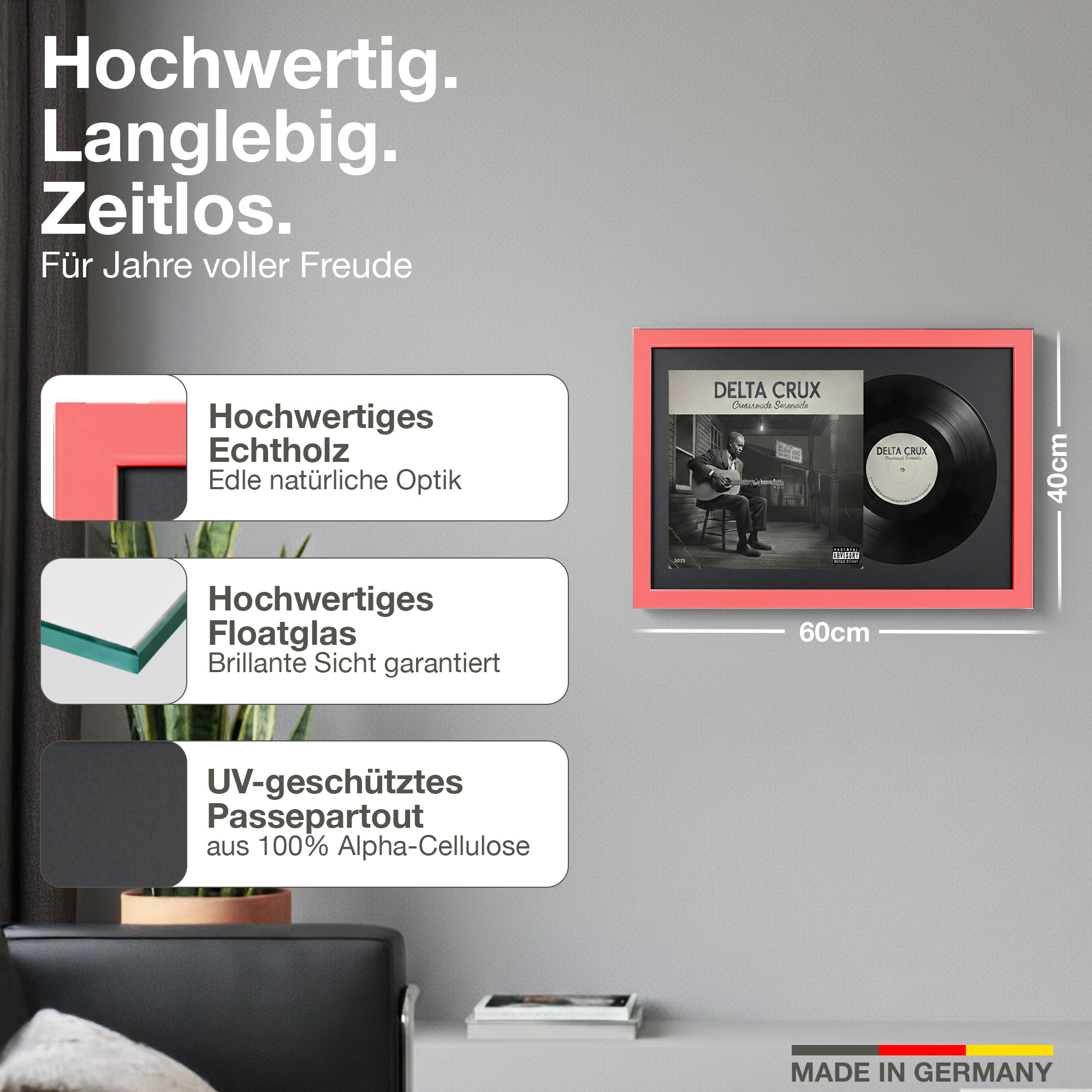 Gerahmte Schallplatte mit Albumcover, 60x40cm, aus Holz, Floatglas und Passepartout.