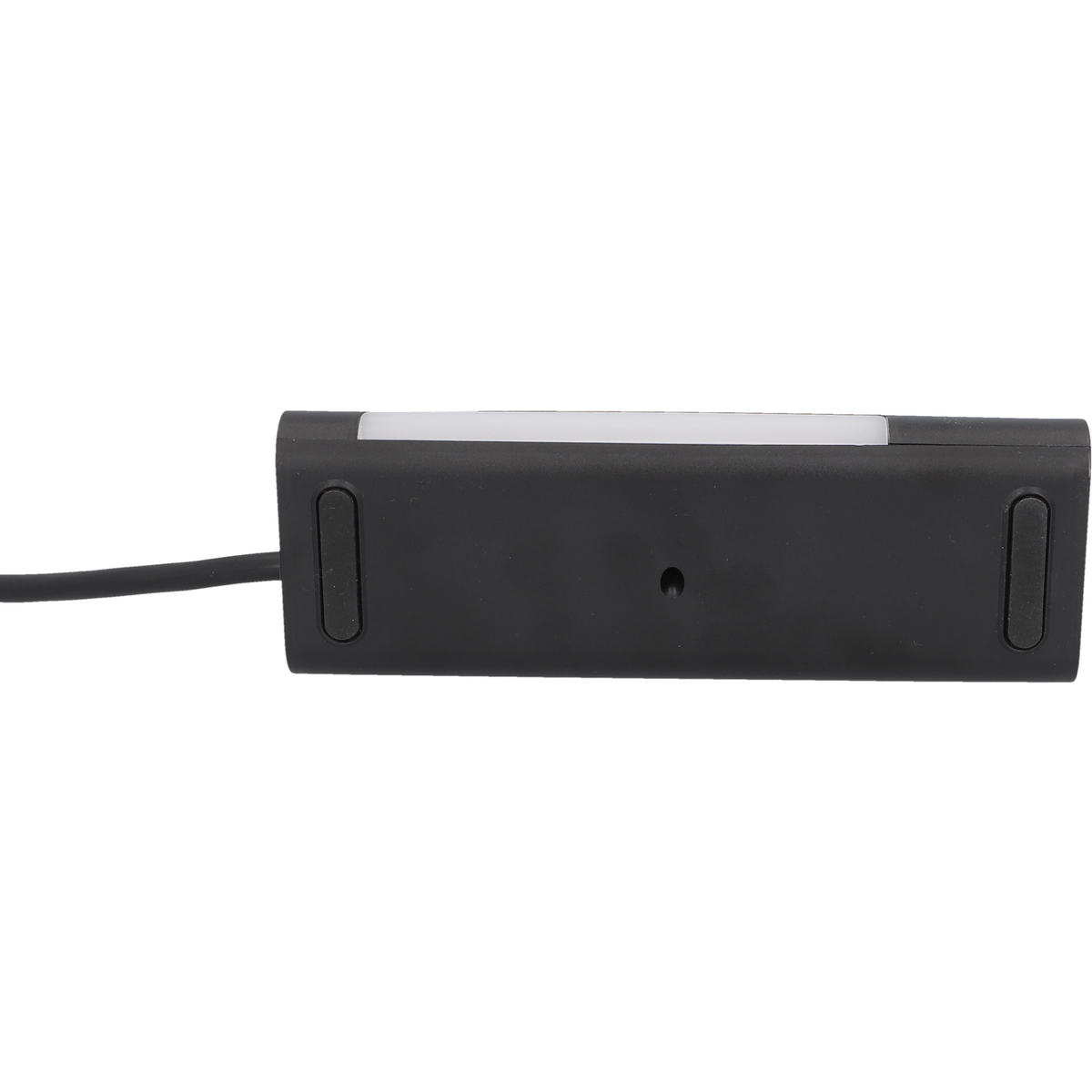 Ein schwarzes Gerät mit einem weißen Lichtstreifen und einem Kabel.
