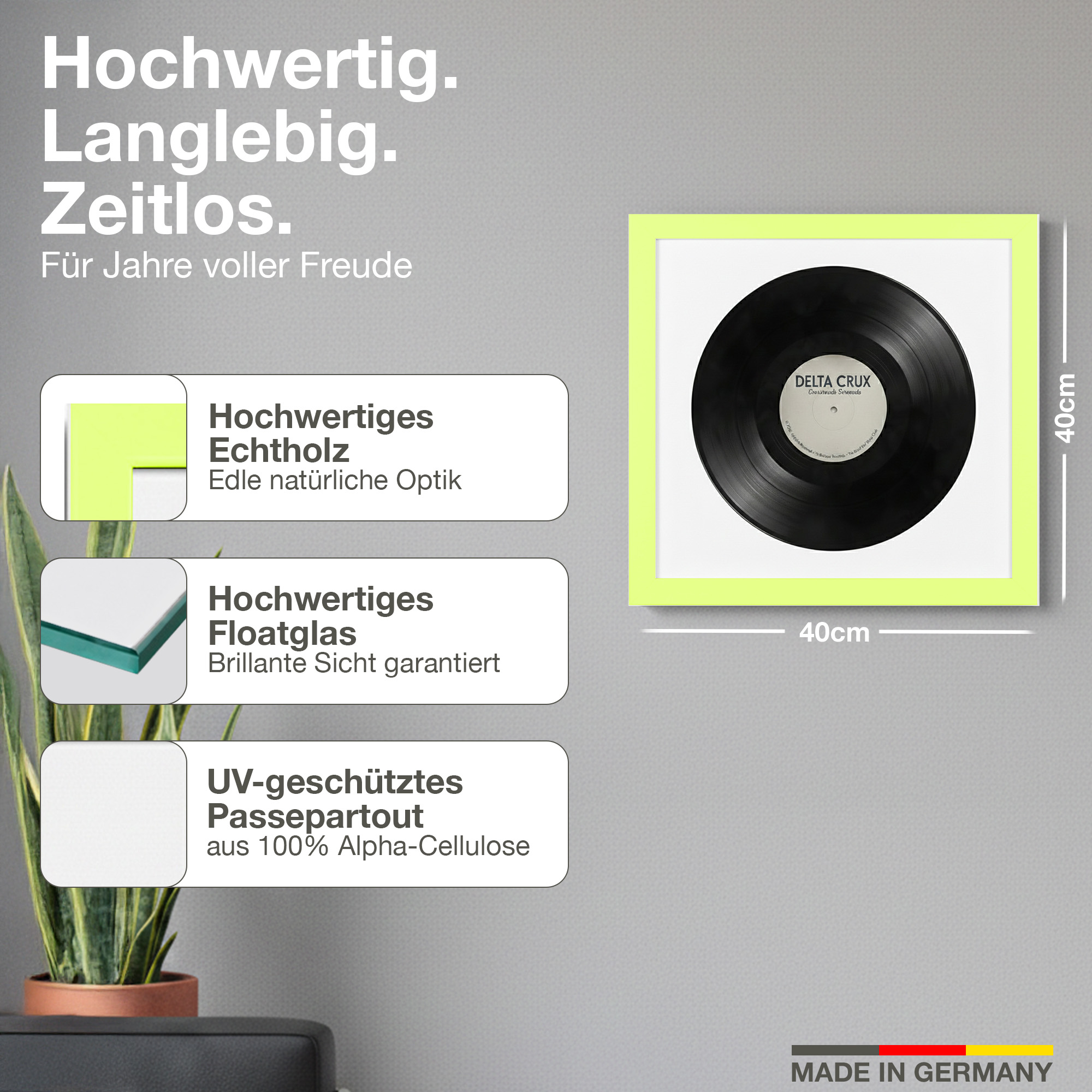 Ein gerahmtes Vinyl mit Text über Holz, Glas und UV-Schutz.