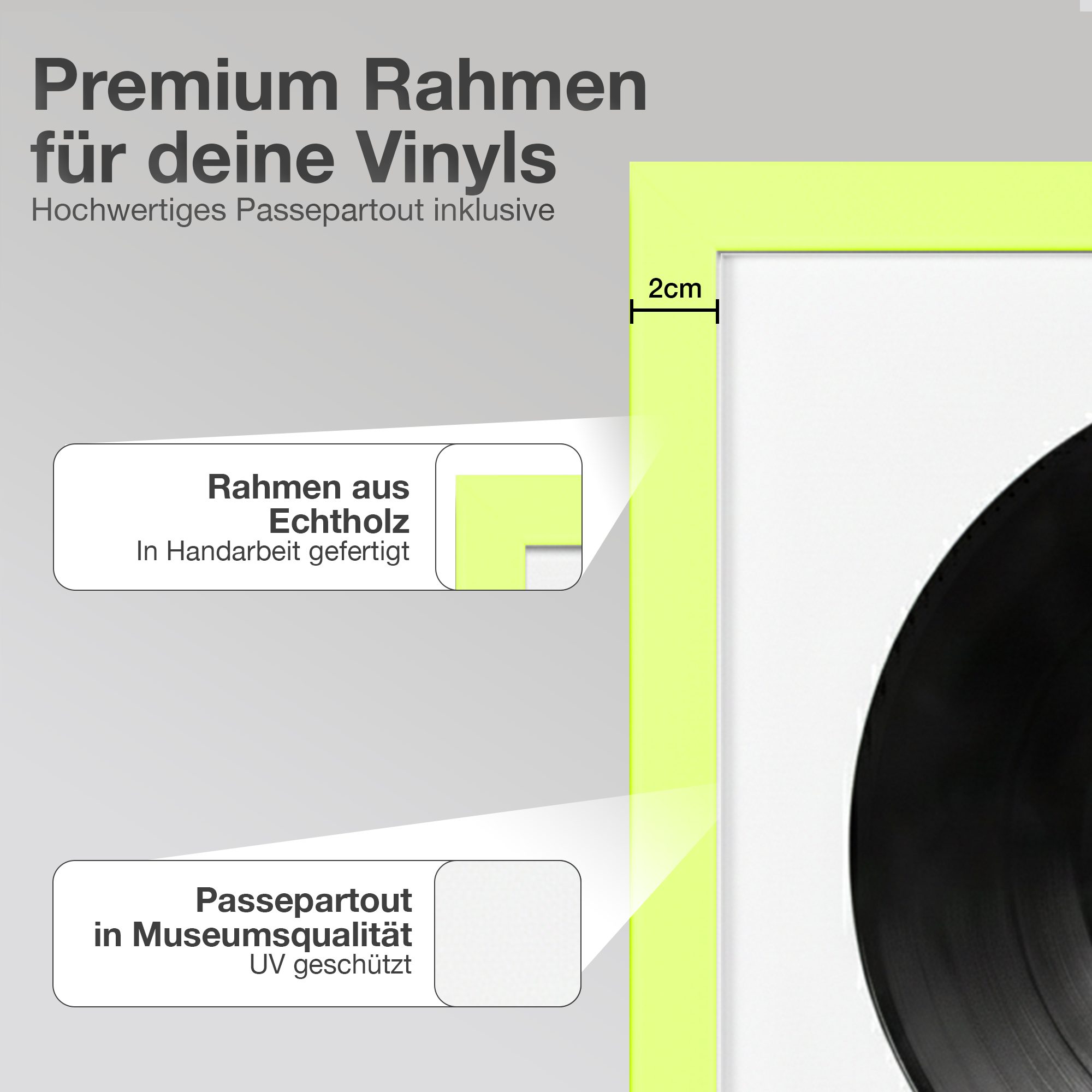Ein neon-grüner Bilderrahmen mit Detailaufnahmen von Holzrahmen und Passepartout.