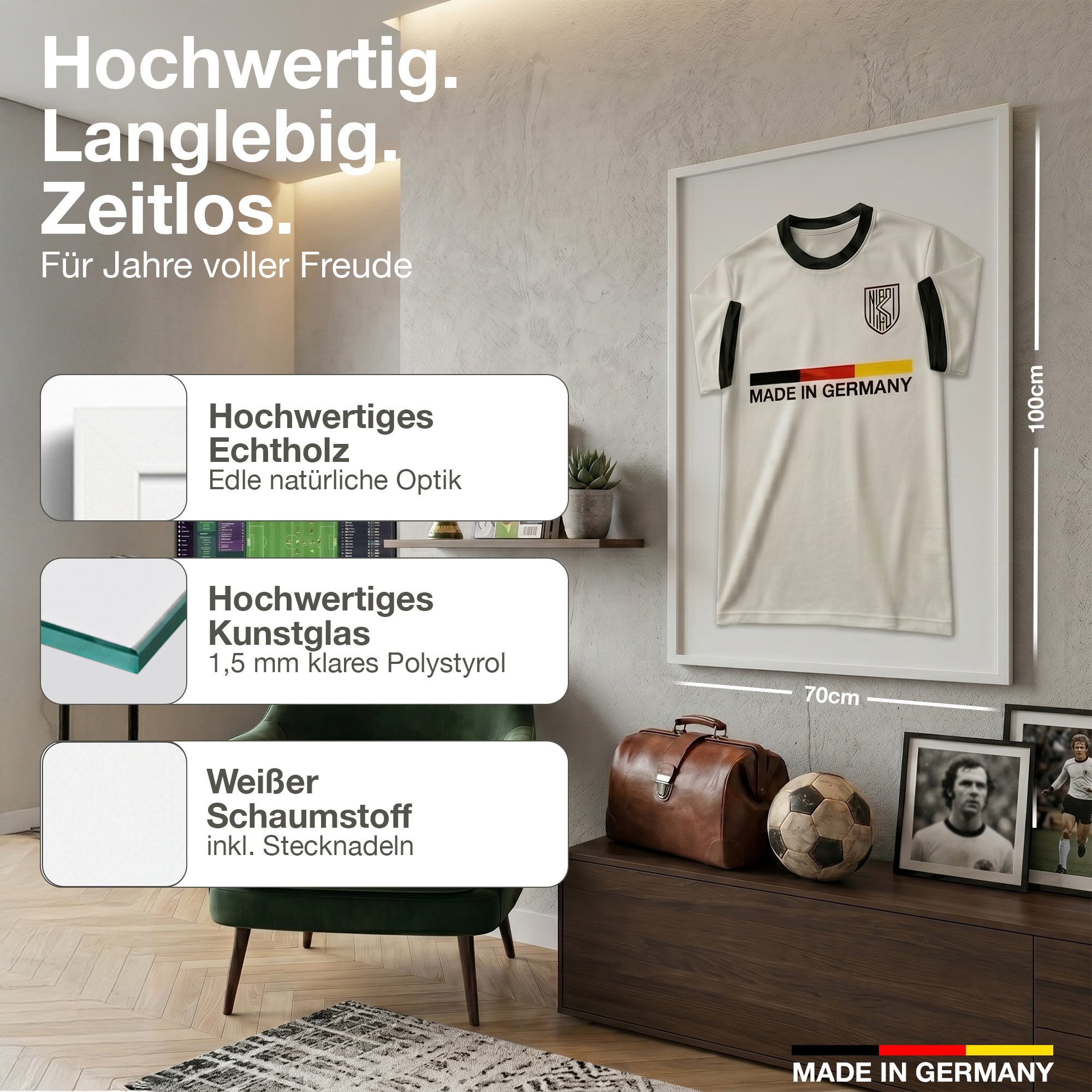 Ein weißes Fußballtrikot mit "MADE IN GERMANY" wird gerahmt gezeigt.