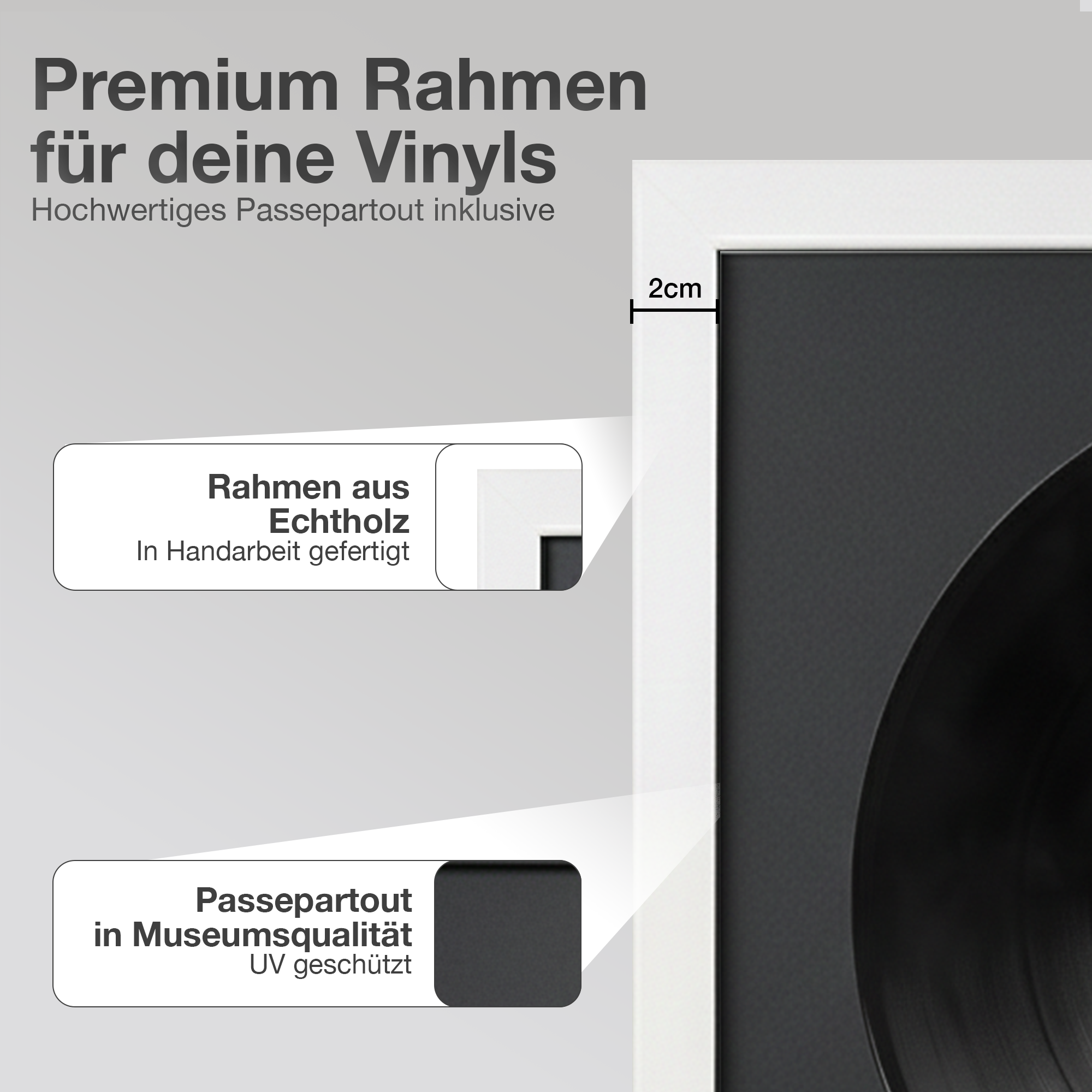 Hochwertiger weißer Rahmen für Vinyls mit Passepartout, 2cm Dicke.
