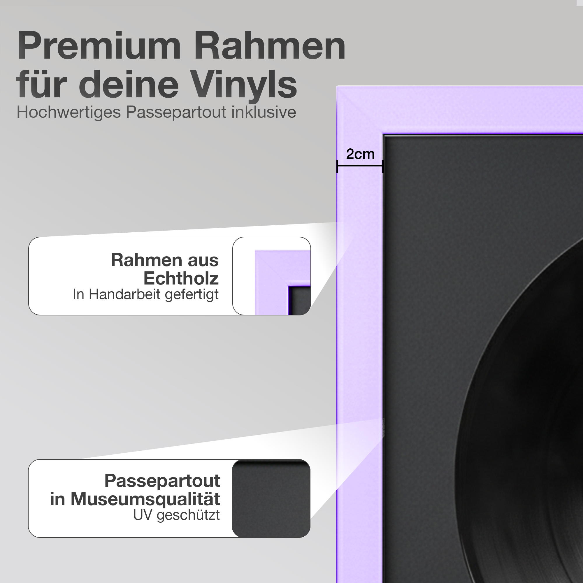 Lila Vinyl-Rahmen mit Passepartout und Text. "Premium Rahmen für deine Vinyls".