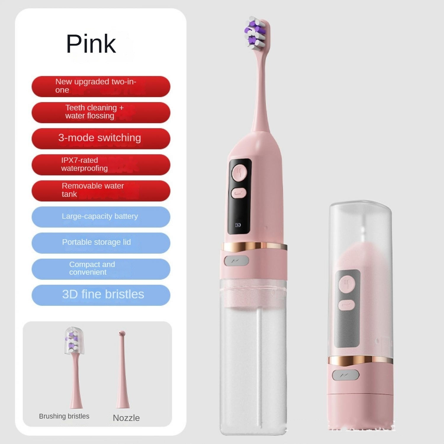 Ein rosa elektrisches Zahnbürsten-Set mit Wasserduschen und Zubehör.