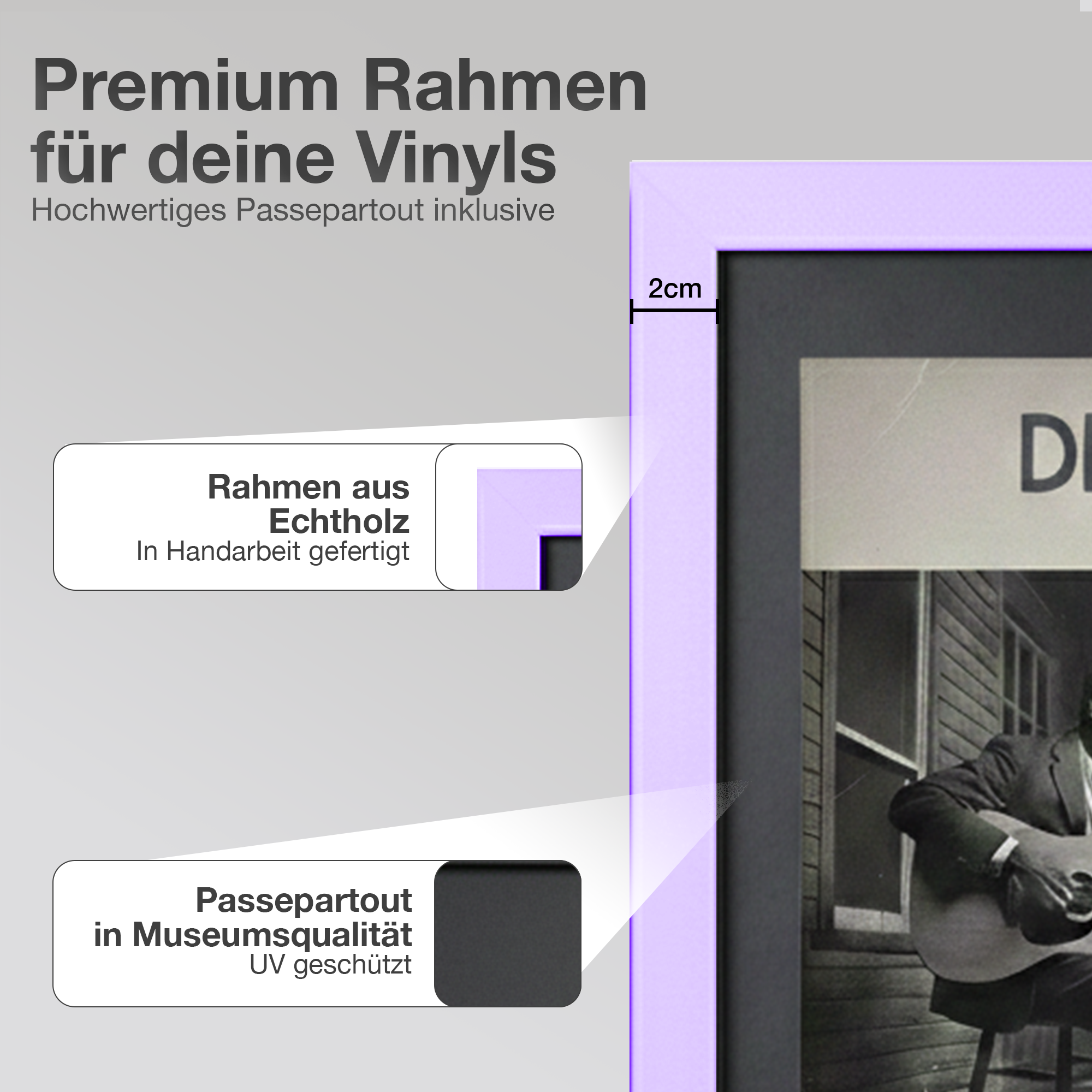 Ein lilafarbener Rahmen zeigt die Aufschrift 'Premium Rahmen für deine Vinyls'.