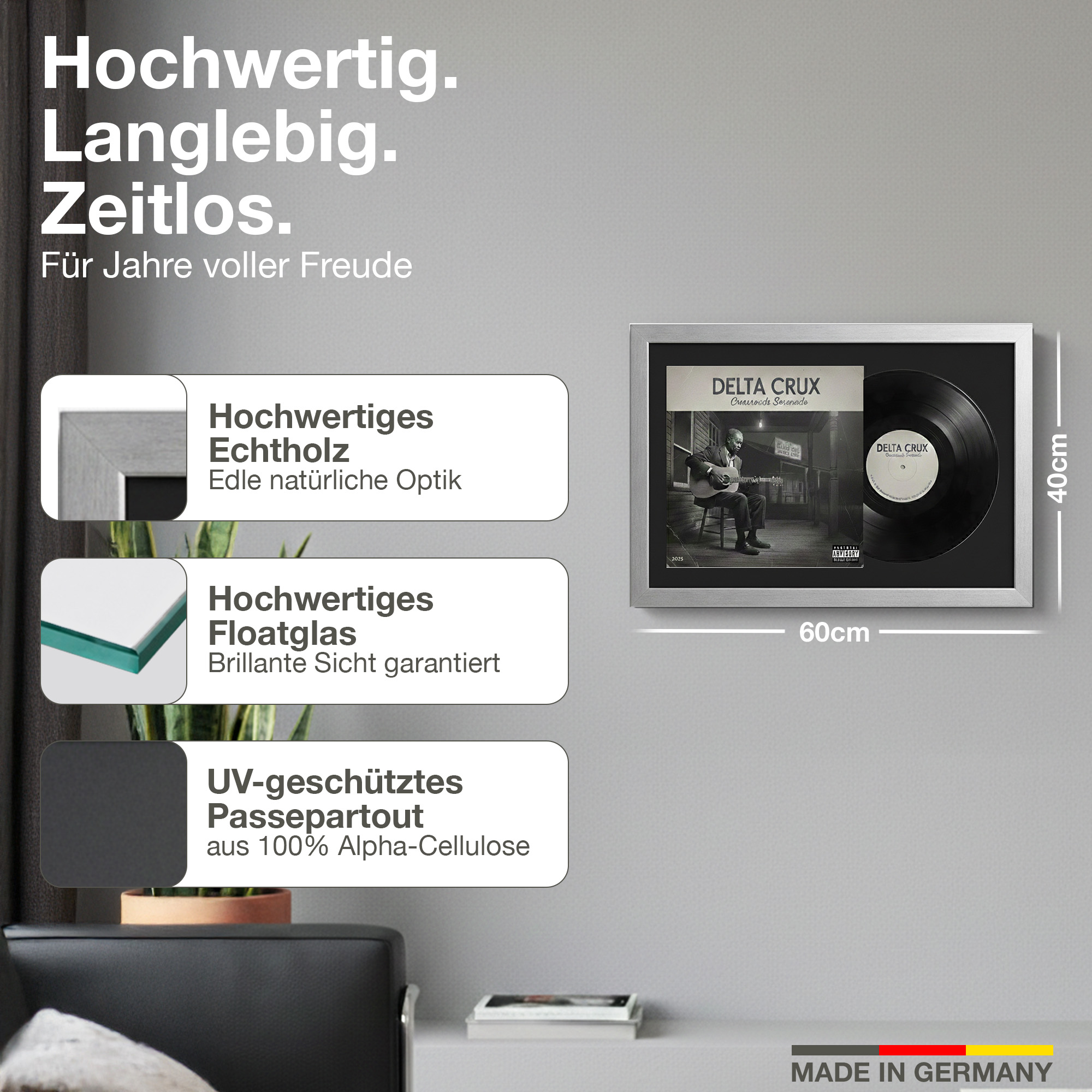 Gerahmte Schallplatte mit Cover und Texten über Qualität, Holz, Glas und UV-Schutz.