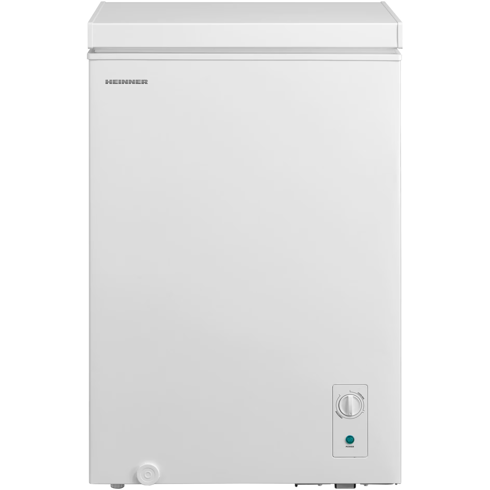 Ein weißer Brustgefrierschrank mit dem HEINNER-Logo und einem Temperaturregler.