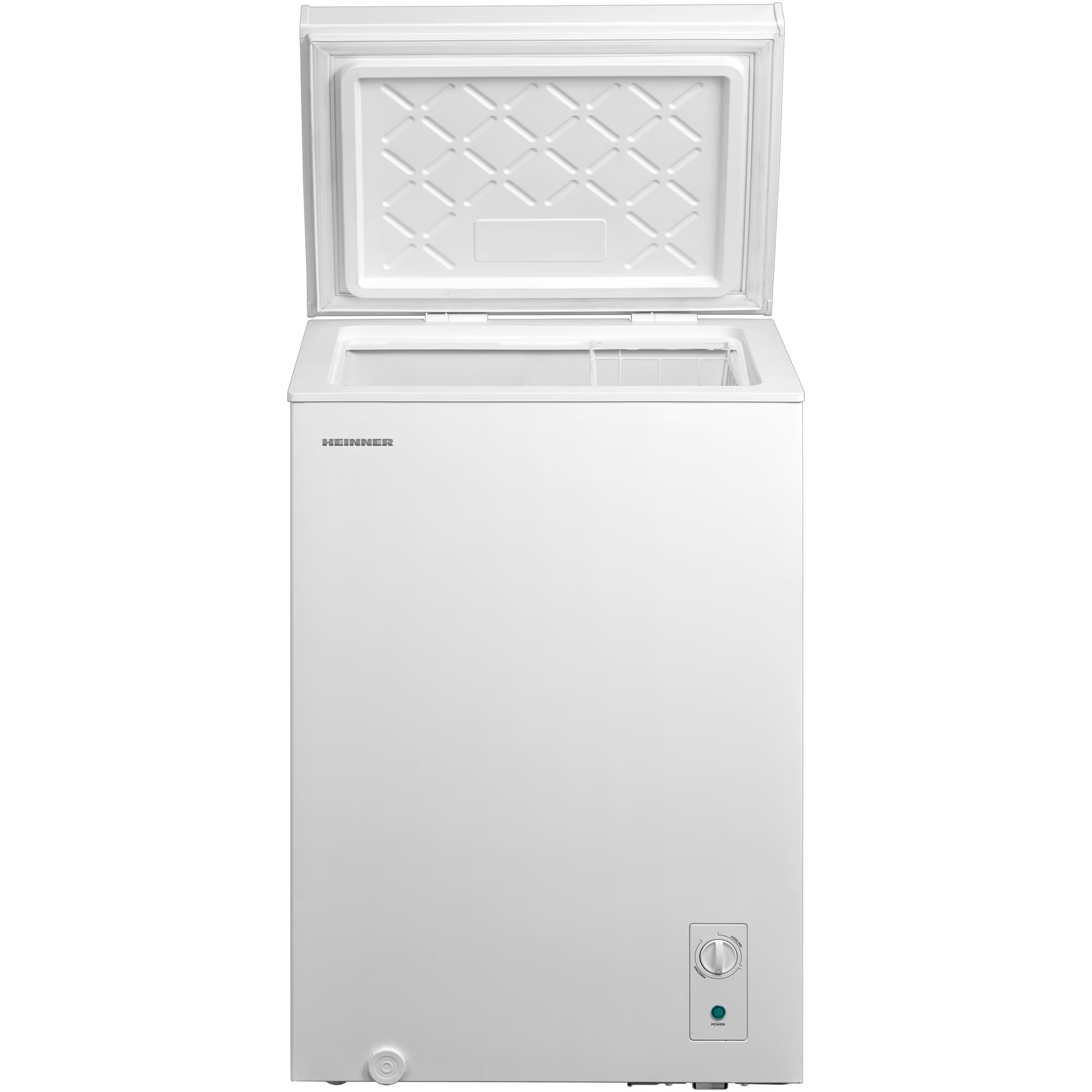 Weißer Chest Freezer mit geöffnetem Deckel, Heinner-Logo und Drehregler.