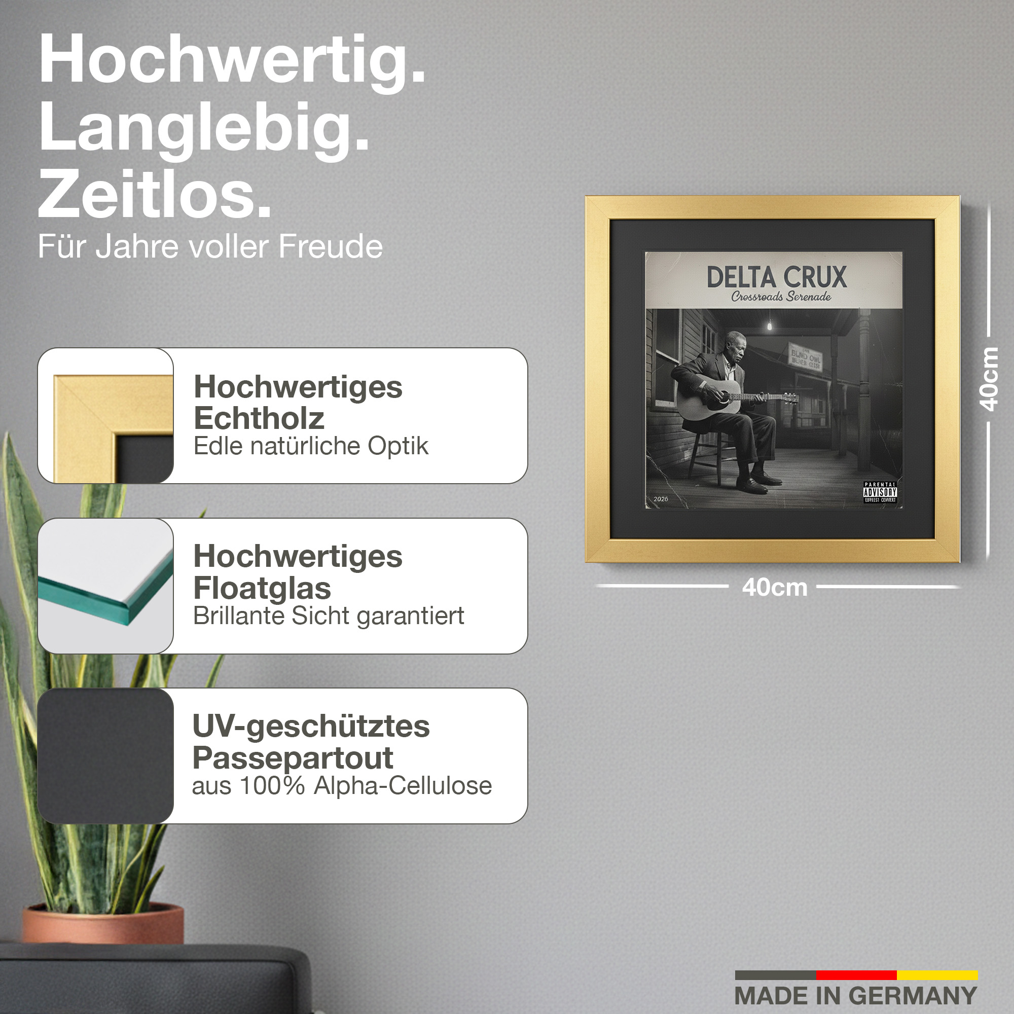 Ein goldgerahmter Schallplatten-Cover-Druck von DELTA CRUX mit einem Mann, der Gitarre spielt.